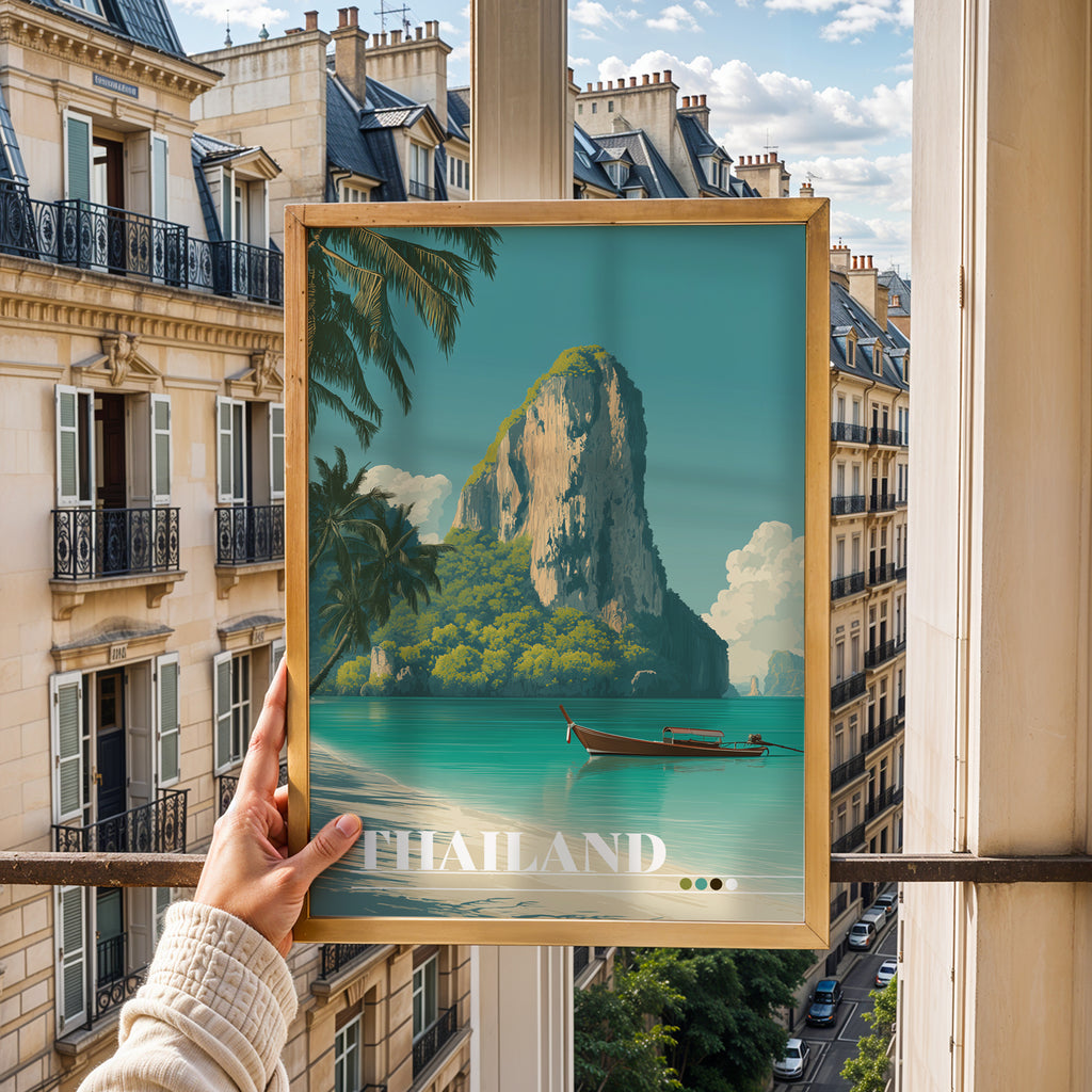 Krabi Thailand Travel Print: Tropical Beach, Longtail Boat, Southeast Asia