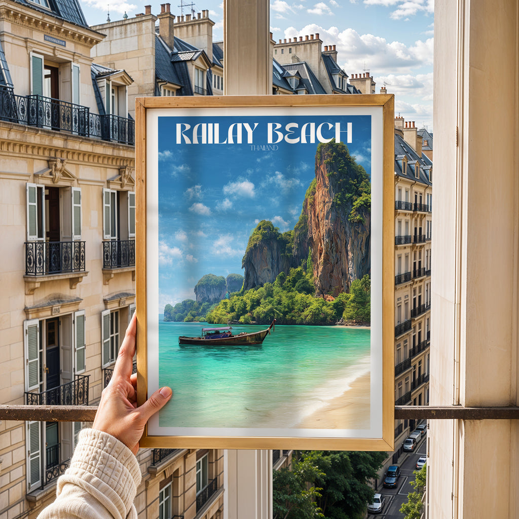 Thailand Travel Poster – Railay Beach Wall Art Print, Coastal Landscape, Longtail Boat Decor