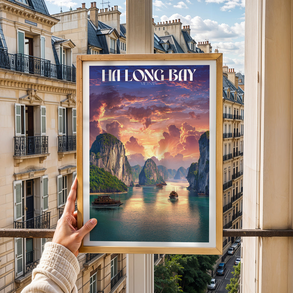 Ha Long Bay Vietnam Poster – Travel Print, Sunset Seascape Wall Art, Nature Landscape Decor