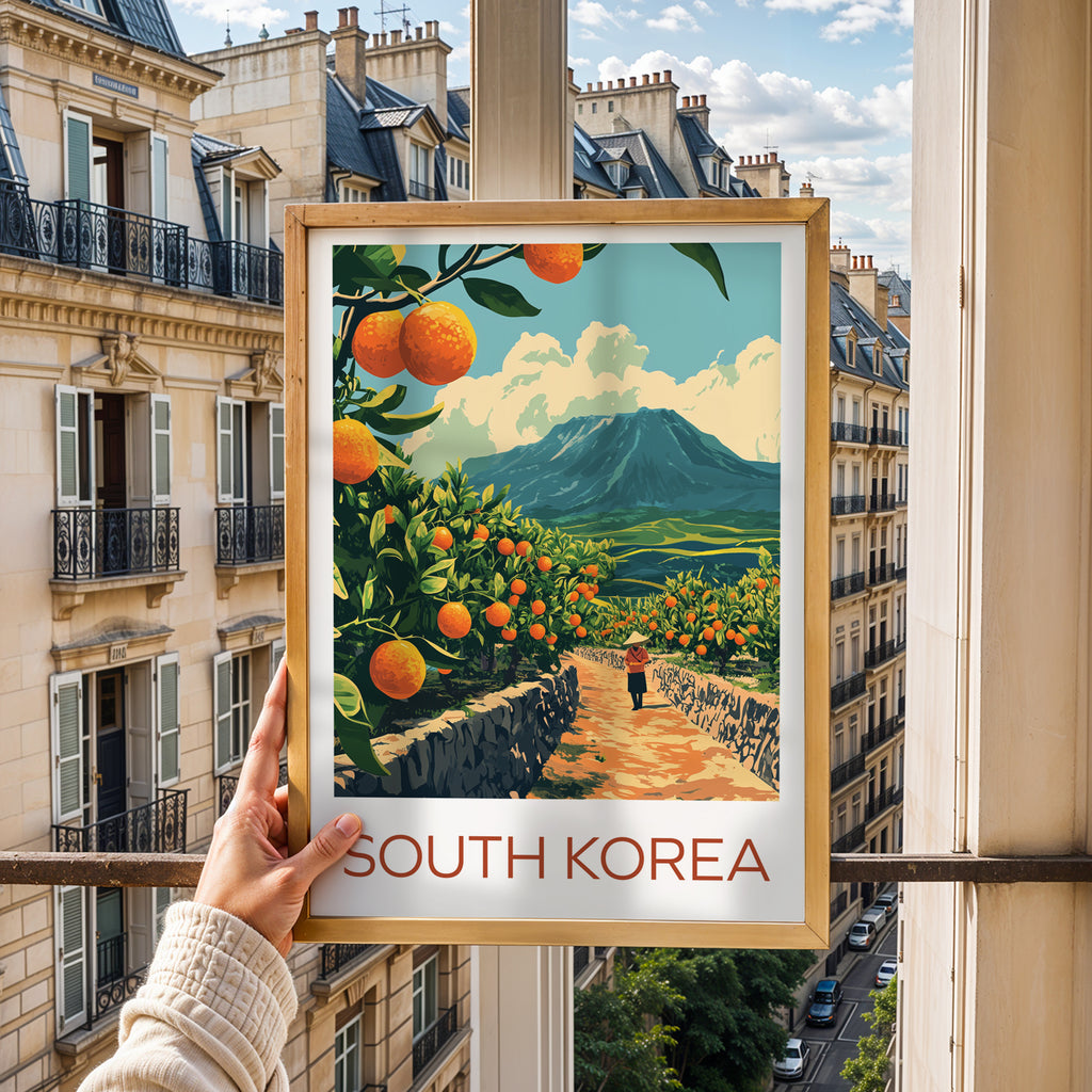 South Korea Travel Poster: Jeju Tangerine Farm Illustration Art