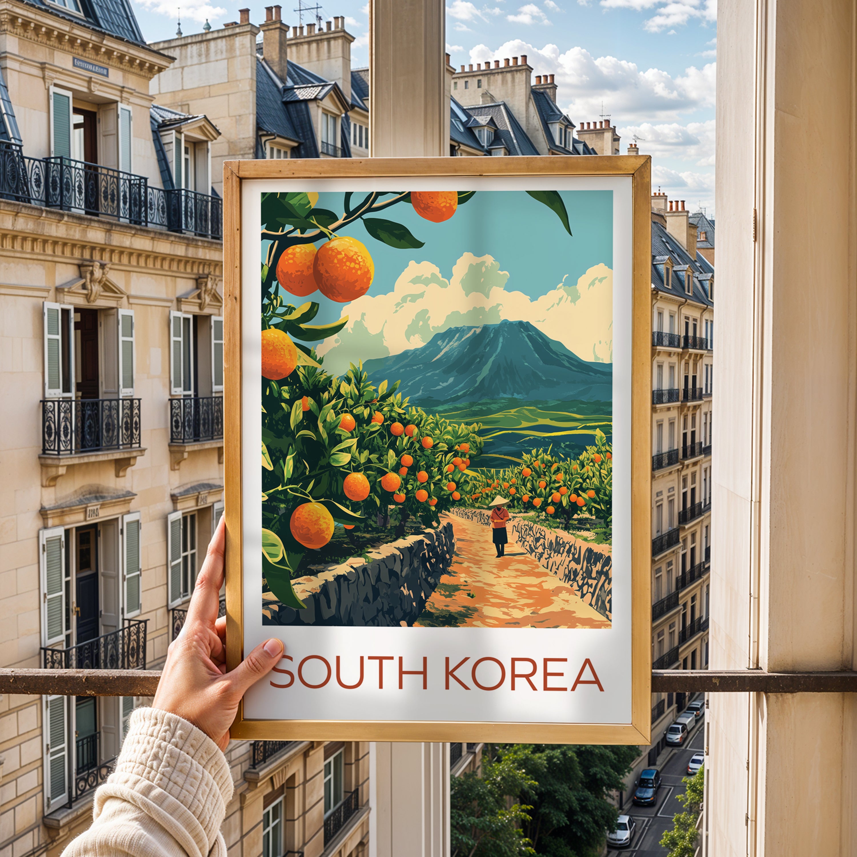 South Korea Travel Poster: Jeju Tangerine Farm Illustration Art