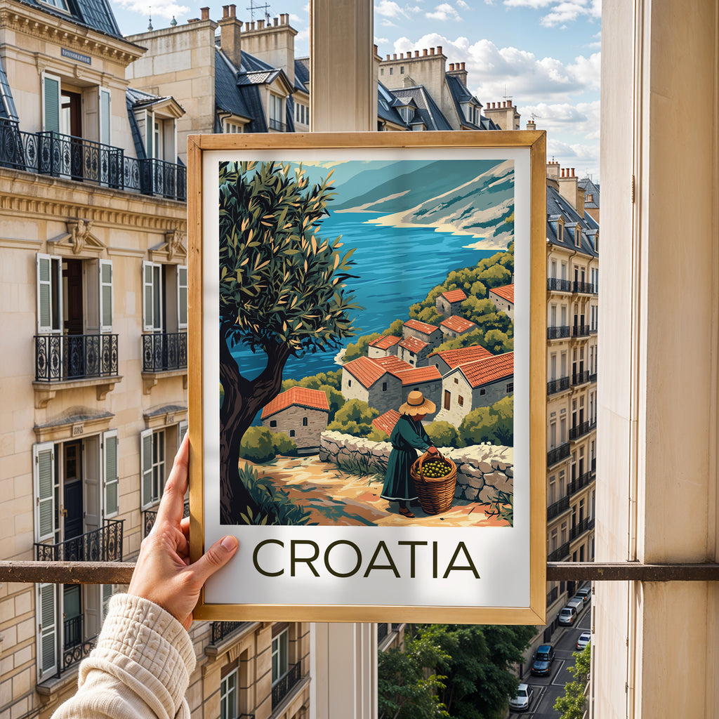 Croatia Travel Poster – Mediterranean Village & Olive Harvest Coastal Landscape Art