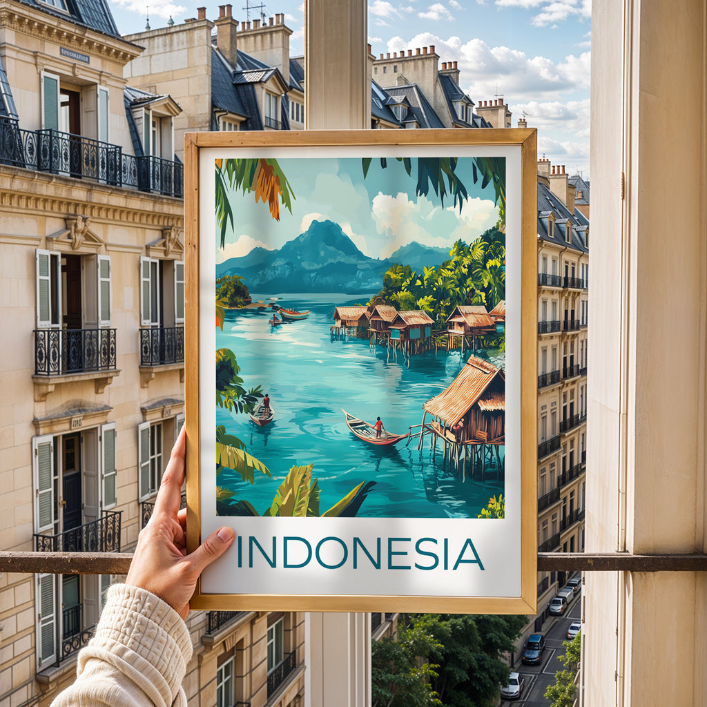 Indonesia Travel Poster: Raja Ampat Tropical Village Illustration Art
