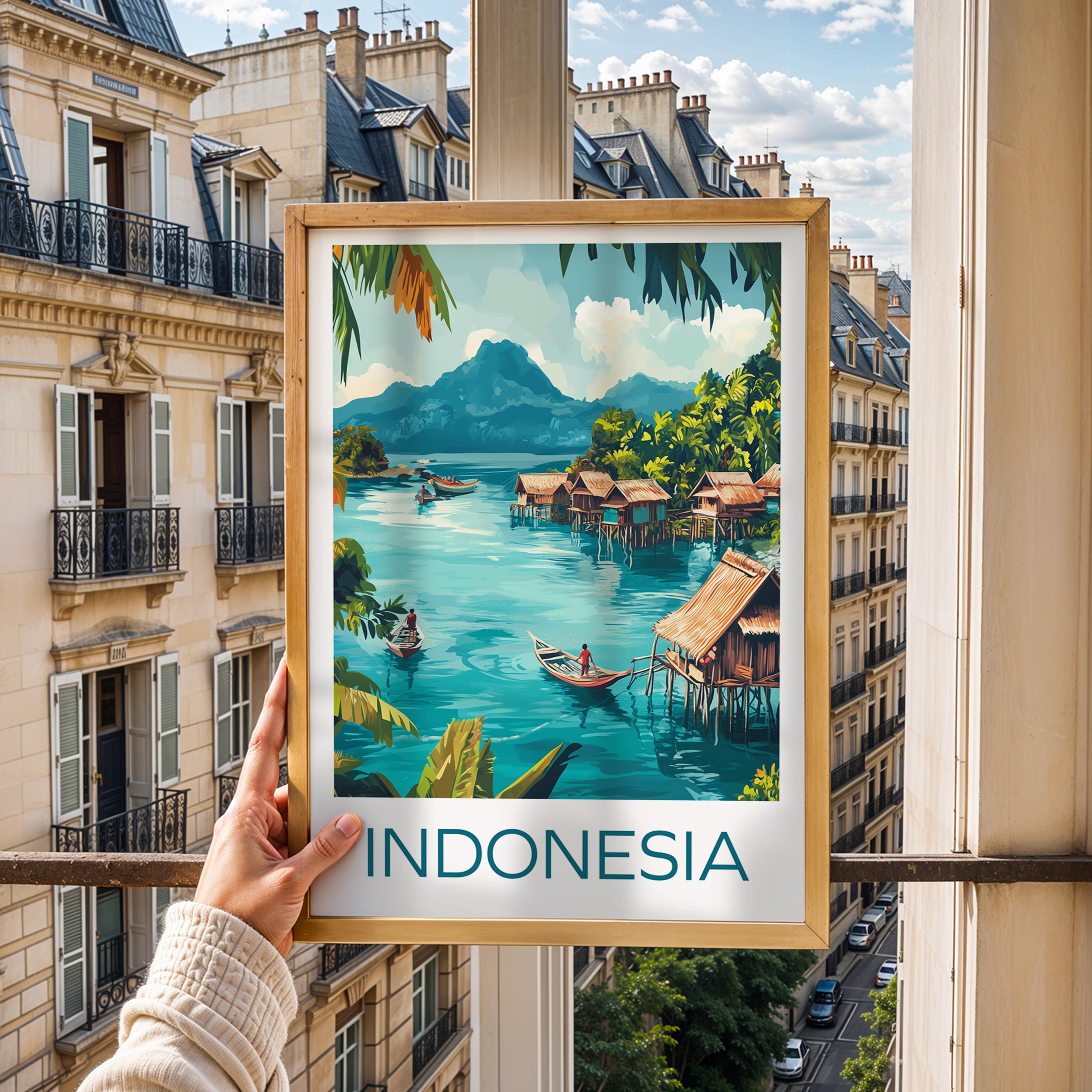 Indonesia Travel Poster: Raja Ampat Tropical Village Illustration Art