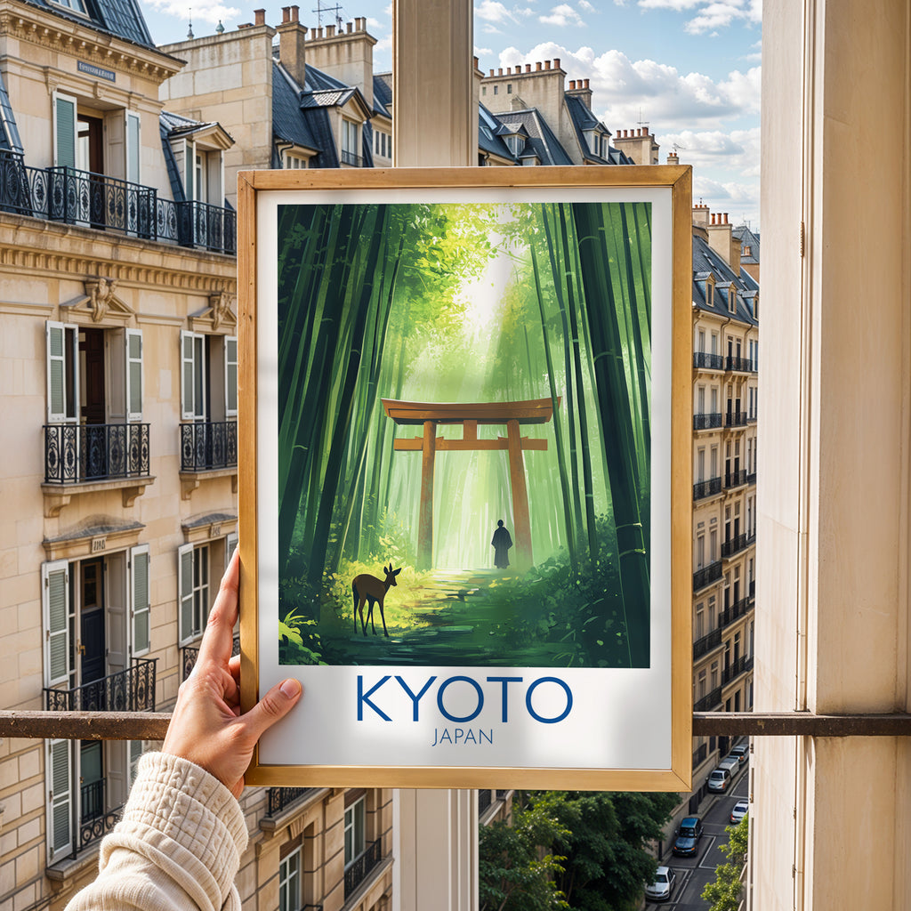 Kyoto Japan Travel Poster: Bamboo Forest Torii Illustration Art