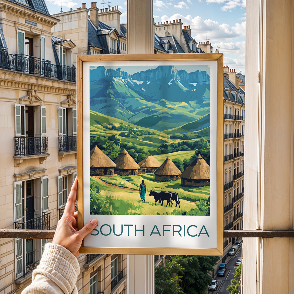 South Africa Travel Poster: Drakensberg Mountains & Zulu Village Illustration Art