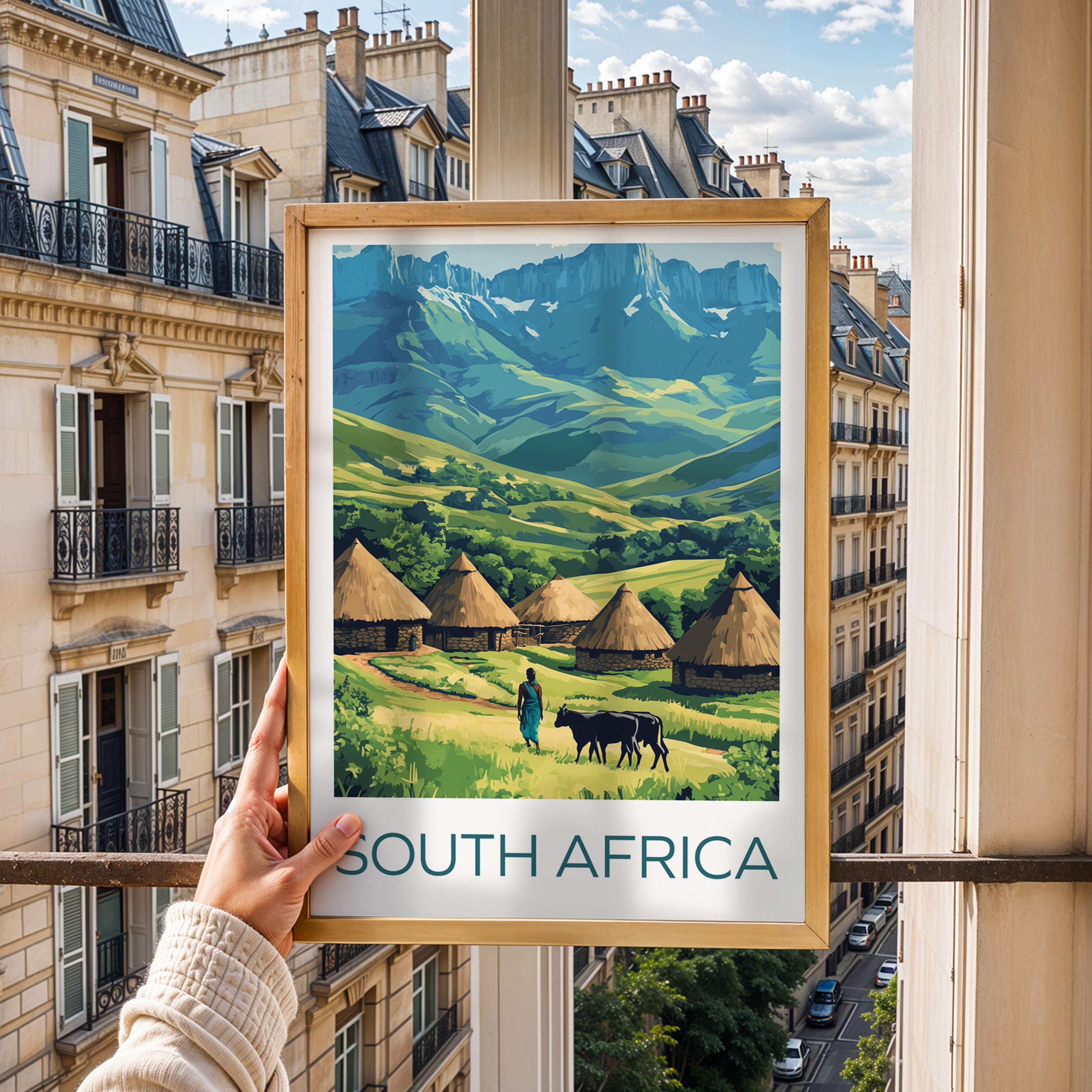 South Africa Travel Poster: Drakensberg Mountains & Zulu Village Illustration Art