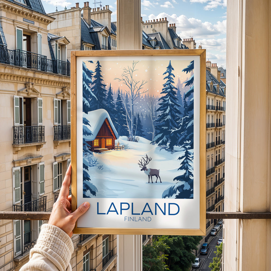 Lapland Travel Poster: Nordic Winter Cabin Illustration Art