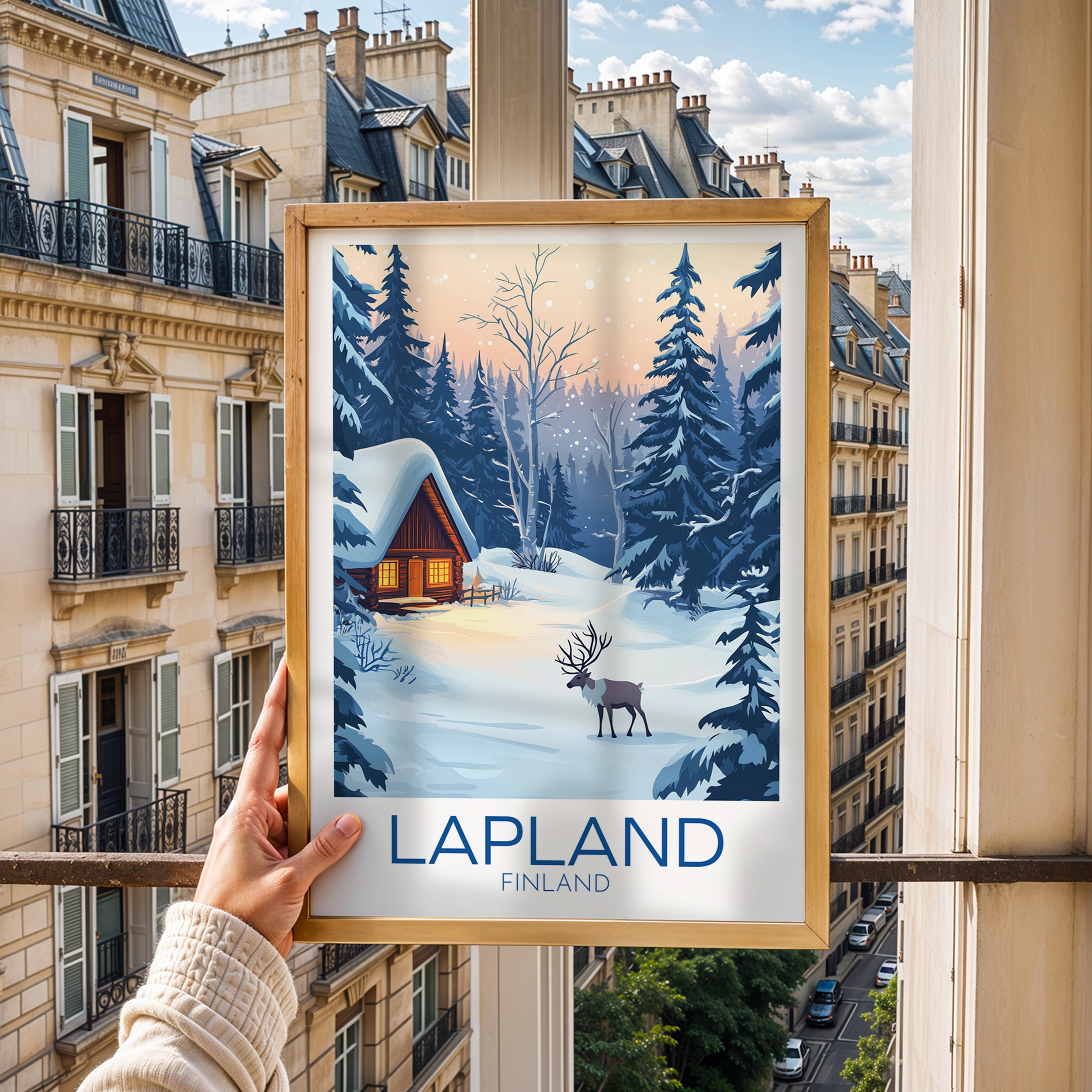 Lapland Travel Poster: Nordic Winter Cabin Illustration Art