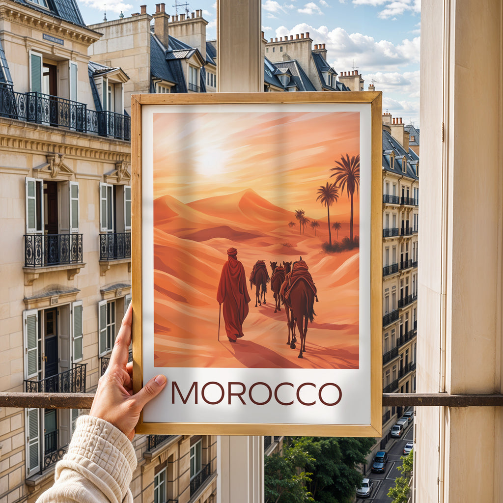 Morocco Travel Poster: Sahara Desert Sunset Illustration Art