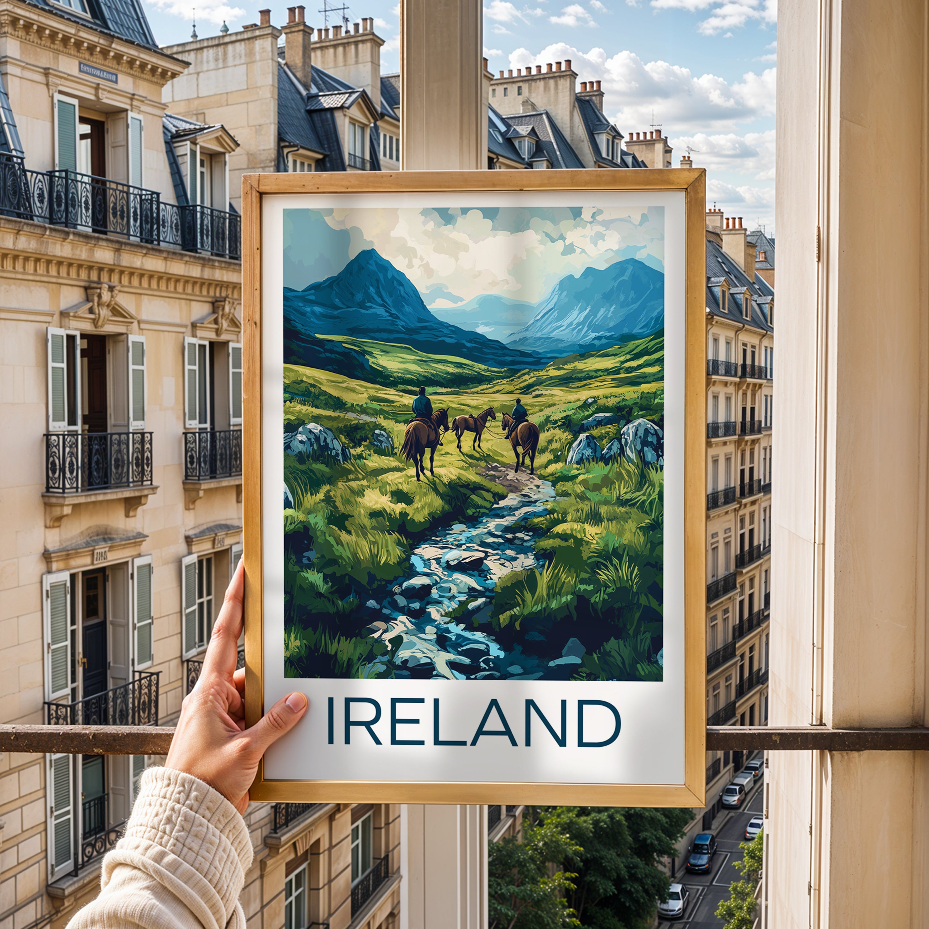 Ireland Landscape Poster – Irish Highlands Horse Riders, Green Valley & Mountain Art Print