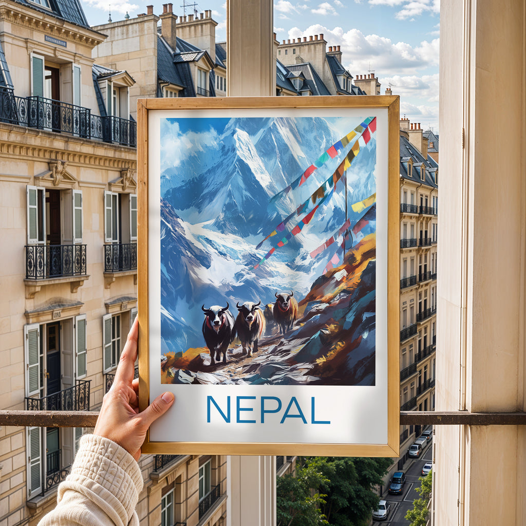 Nepal Travel Poster: Himalaya Mountain Yak Illustration Art