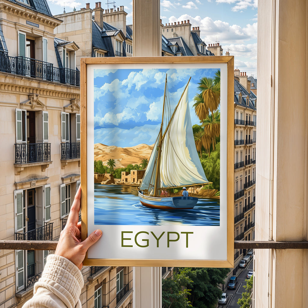 Egypt Travel Poster: Nile River Felucca Illustration Art