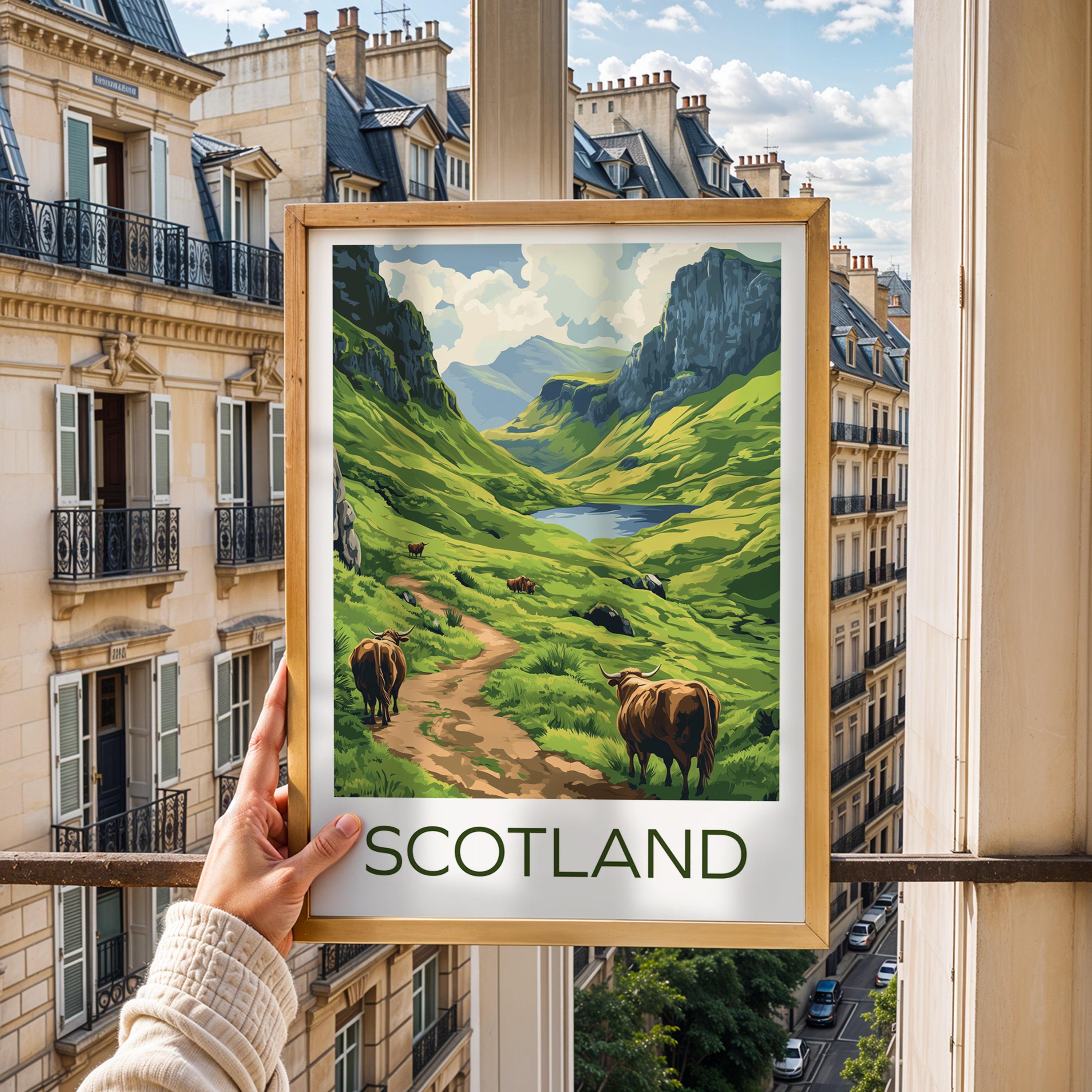 Scotland Highlands Travel Poster – Green Valley Landscape with Highland Cows Illustration Art