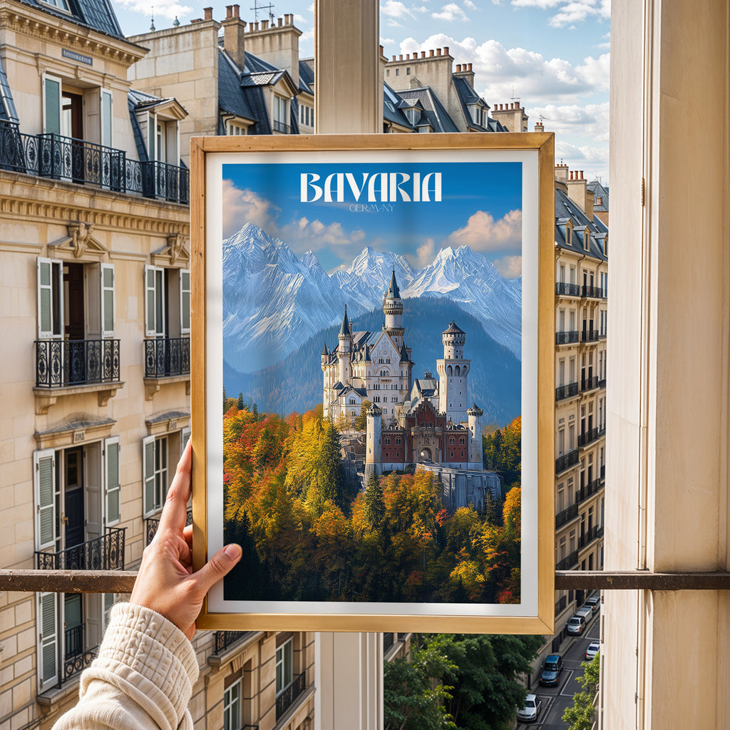 Germany Travel Poster – Bavarian Castle Wall Art Print, Fairytale Landmark, Romantic Decor
