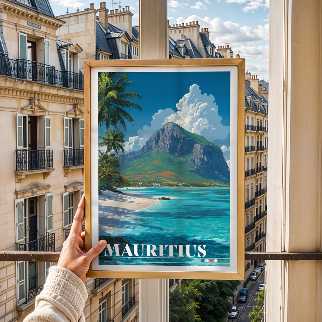 Mauritius Travel Poster: Le Morne Brabant Print, Indian Ocean Wall Art