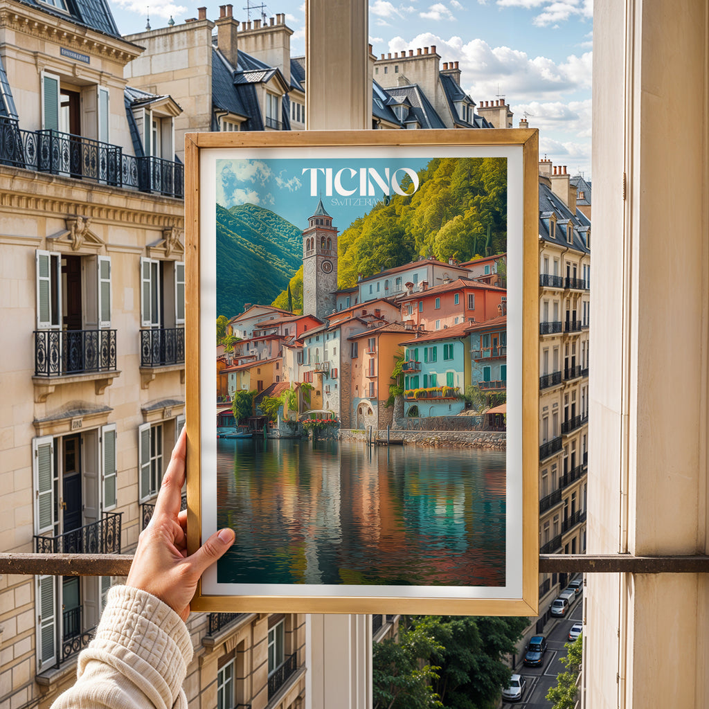 Switzerland Travel Poster – Ticino Alpine Print, Mountain Landscape Wall Art, European Decor