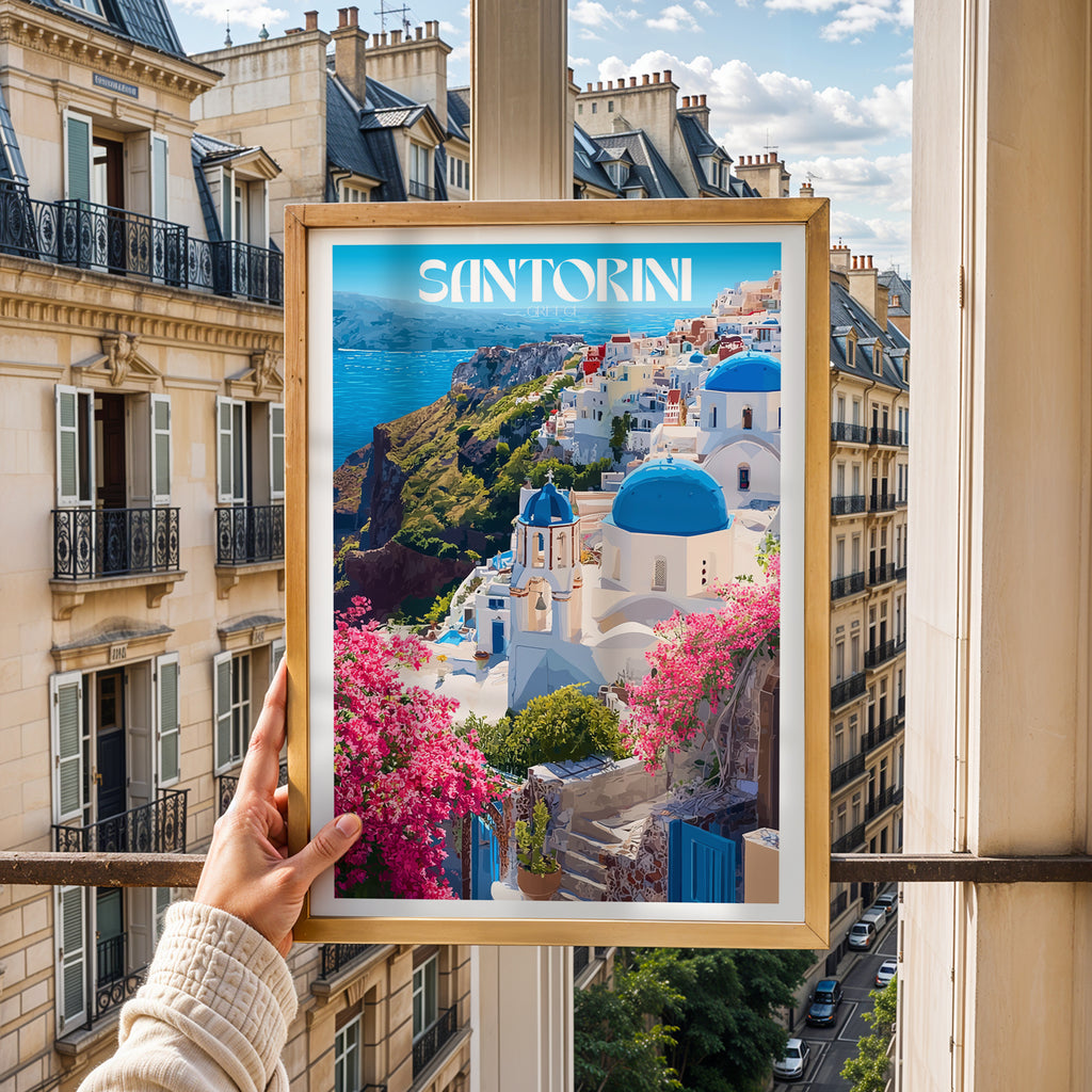 Greece Travel Poster – Santorini Island Wall Art Print, Cycladic Architecture, Coastal Decor