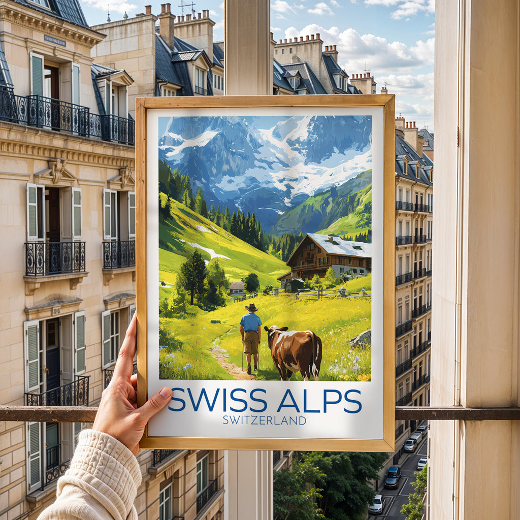 Swiss Alps Travel Poster: Alpine Mountain Landscape Illustration Art