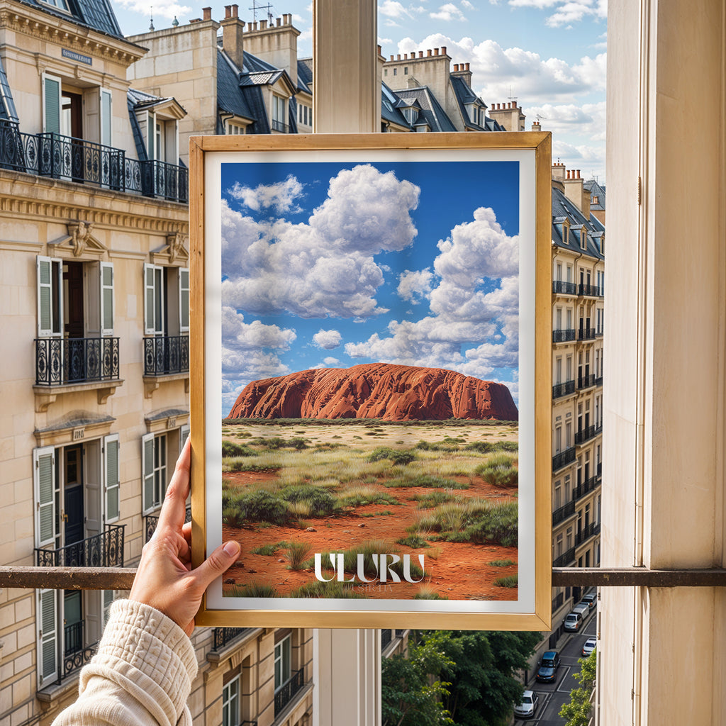 Australia Travel Poster – Uluru Red Rock Print, Outback Landscape Wall Art, Desert Landmark Decor