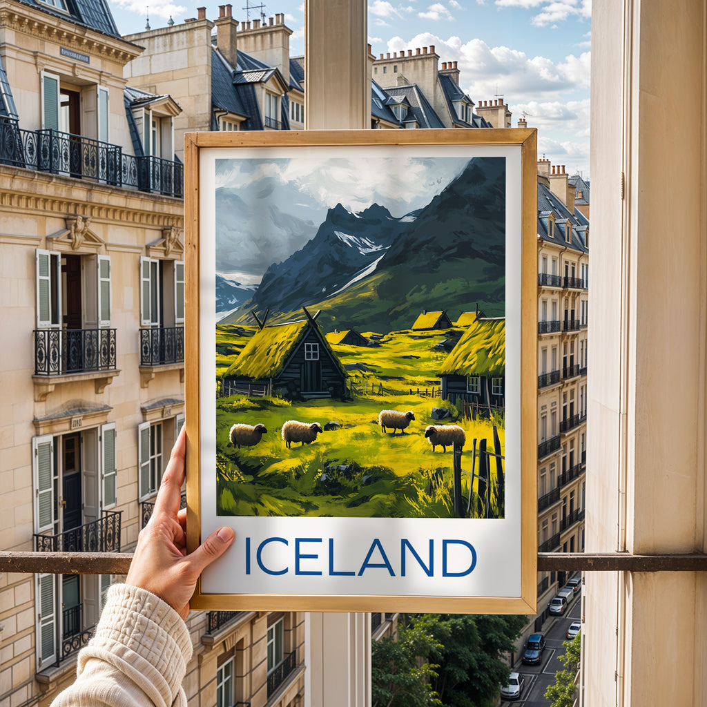 Iceland Travel Poster: Nordic Mountain Village Illustration Art