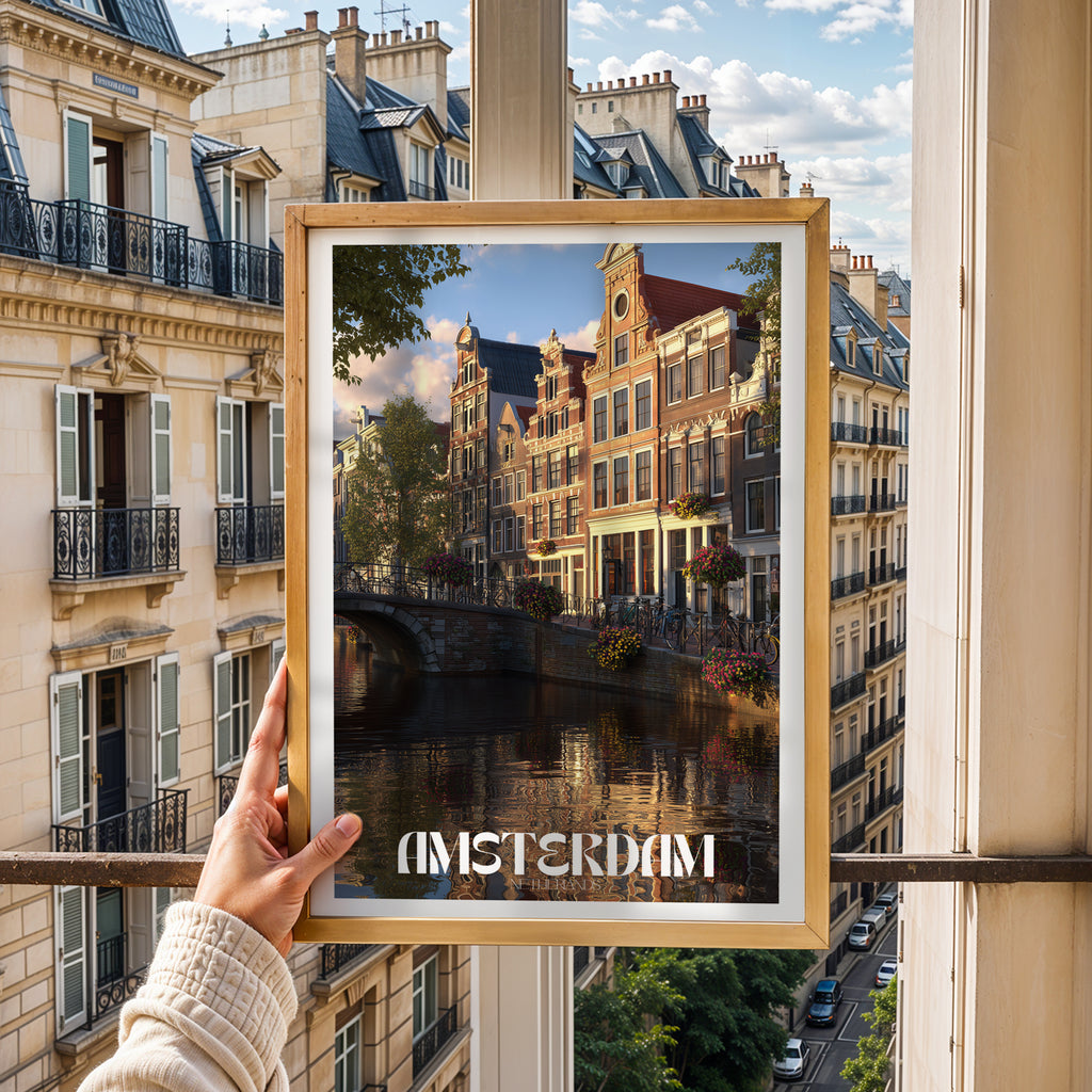 Netherlands Travel Poster – Amsterdam Canal Houses Wall Art Print, European Cityscape Decor