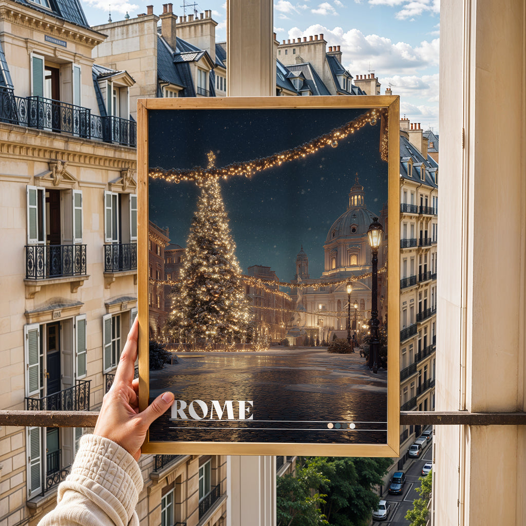 Rome Italy Poster – Christmas Piazza Wall Art, Holiday City Print, Festive Travel Photography Decor