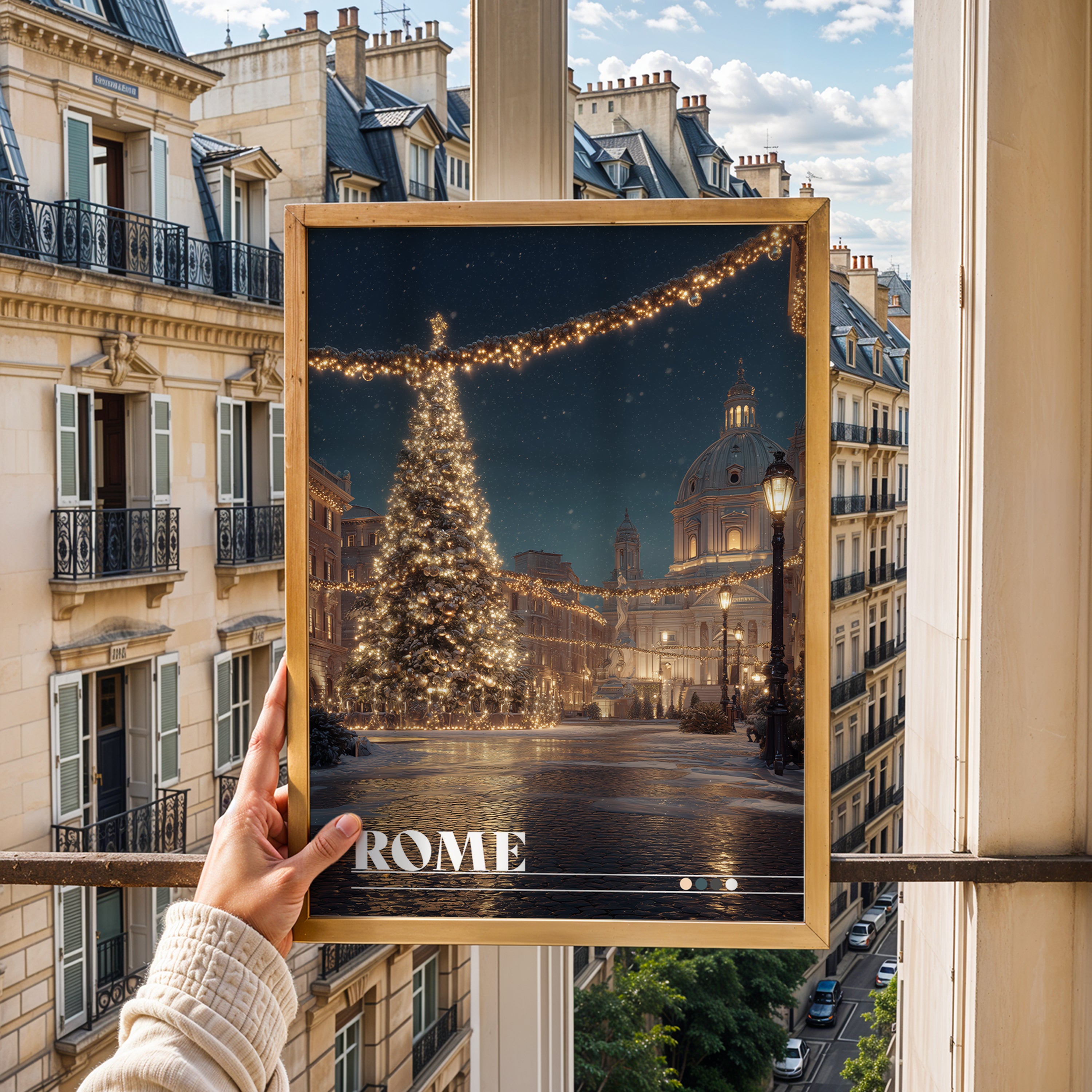 Rome Italy Poster – Christmas Piazza Wall Art, Holiday City Print, Festive Travel Photography Decor