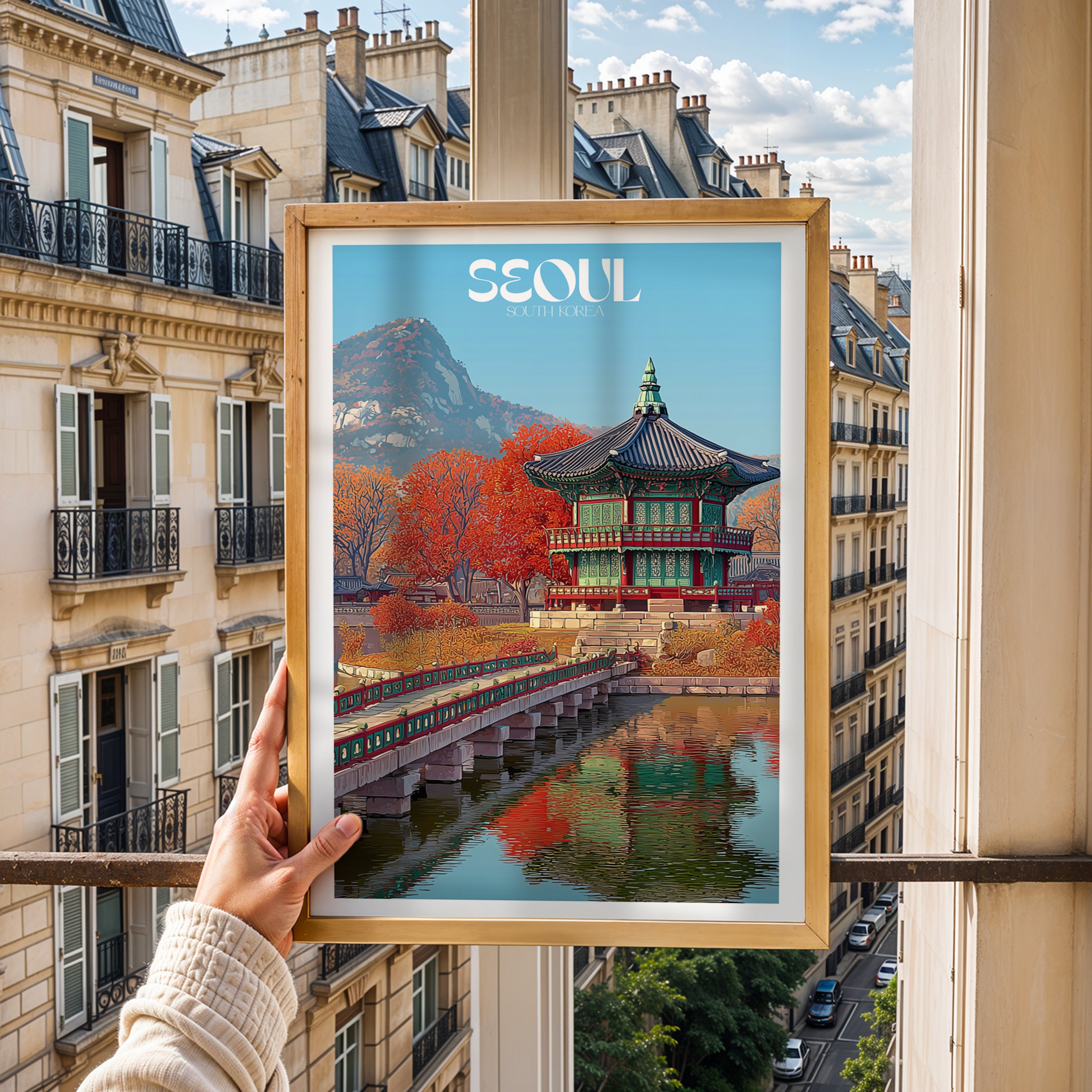 South Korea Travel Poster – Seoul Gyeongbokgung Palace Wall Art Print, Historic Landmark Decor