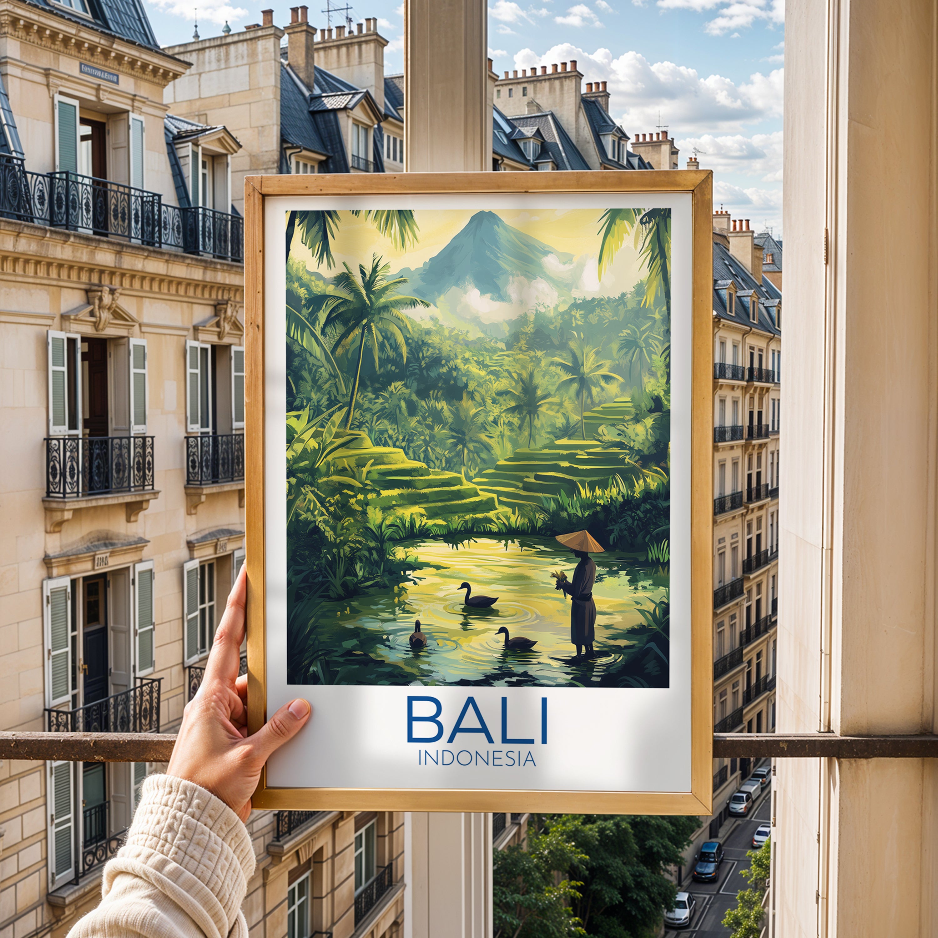 Bali Indonesia Travel Poster: Tropical Rice Terrace Illustration Art