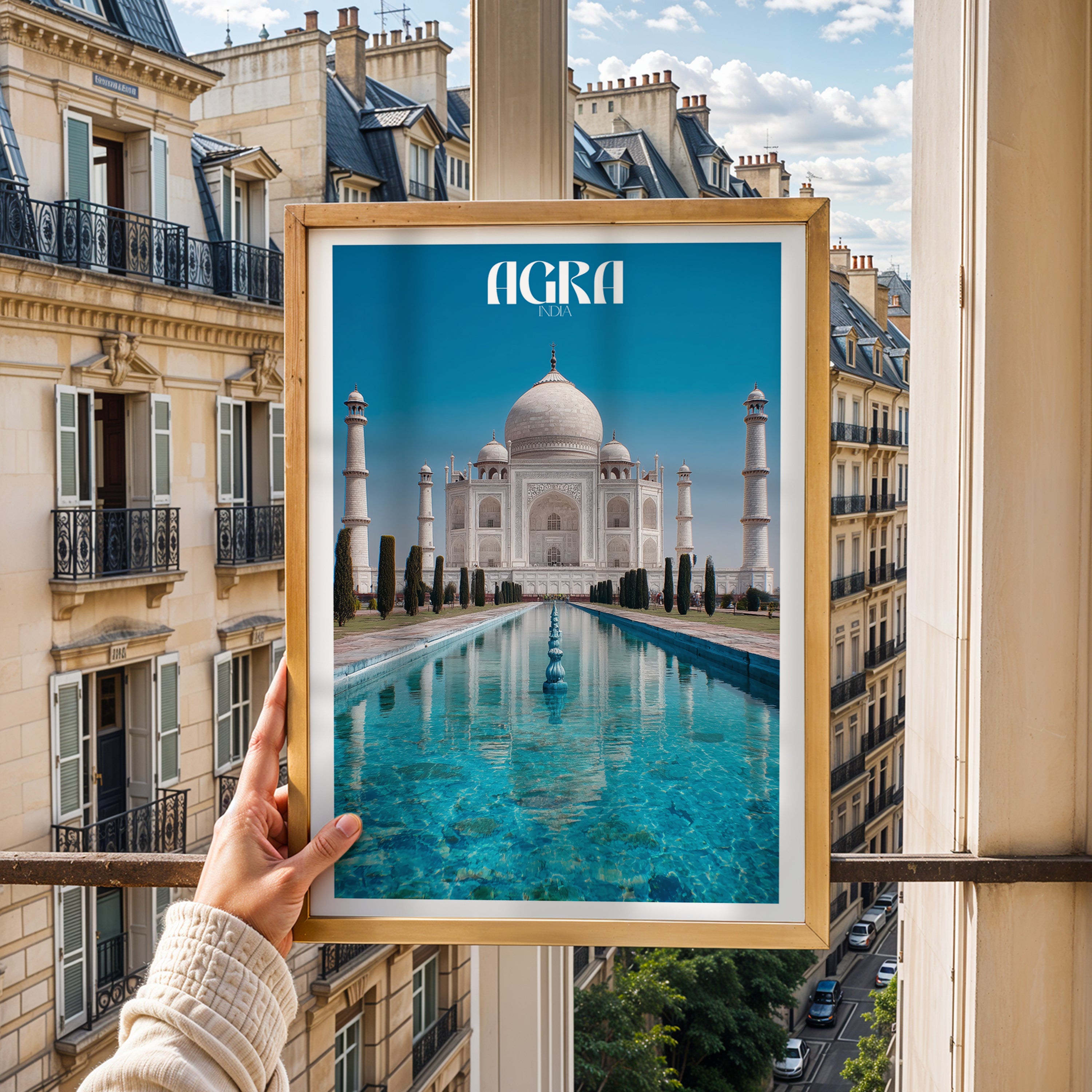 India Travel Poster – Taj Mahal Agra Print, Romantic Wall Art, Famous Landmark Decor