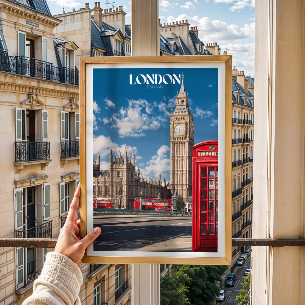 London Travel Poster: Big Ben & Red Phone Booth Print