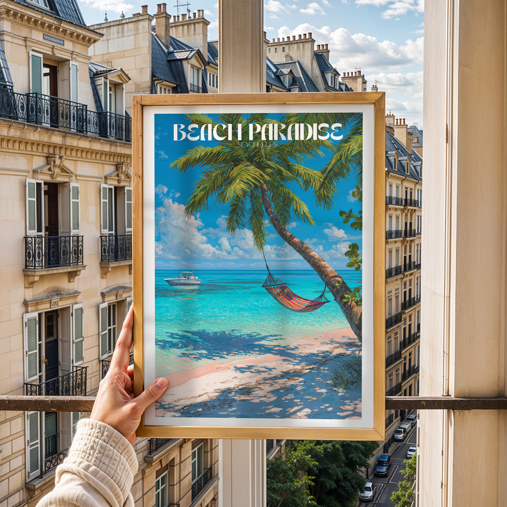 Tropical Island Poster – Seychelles Beach Wall Art Print, Coastal Paradise Travel Decor