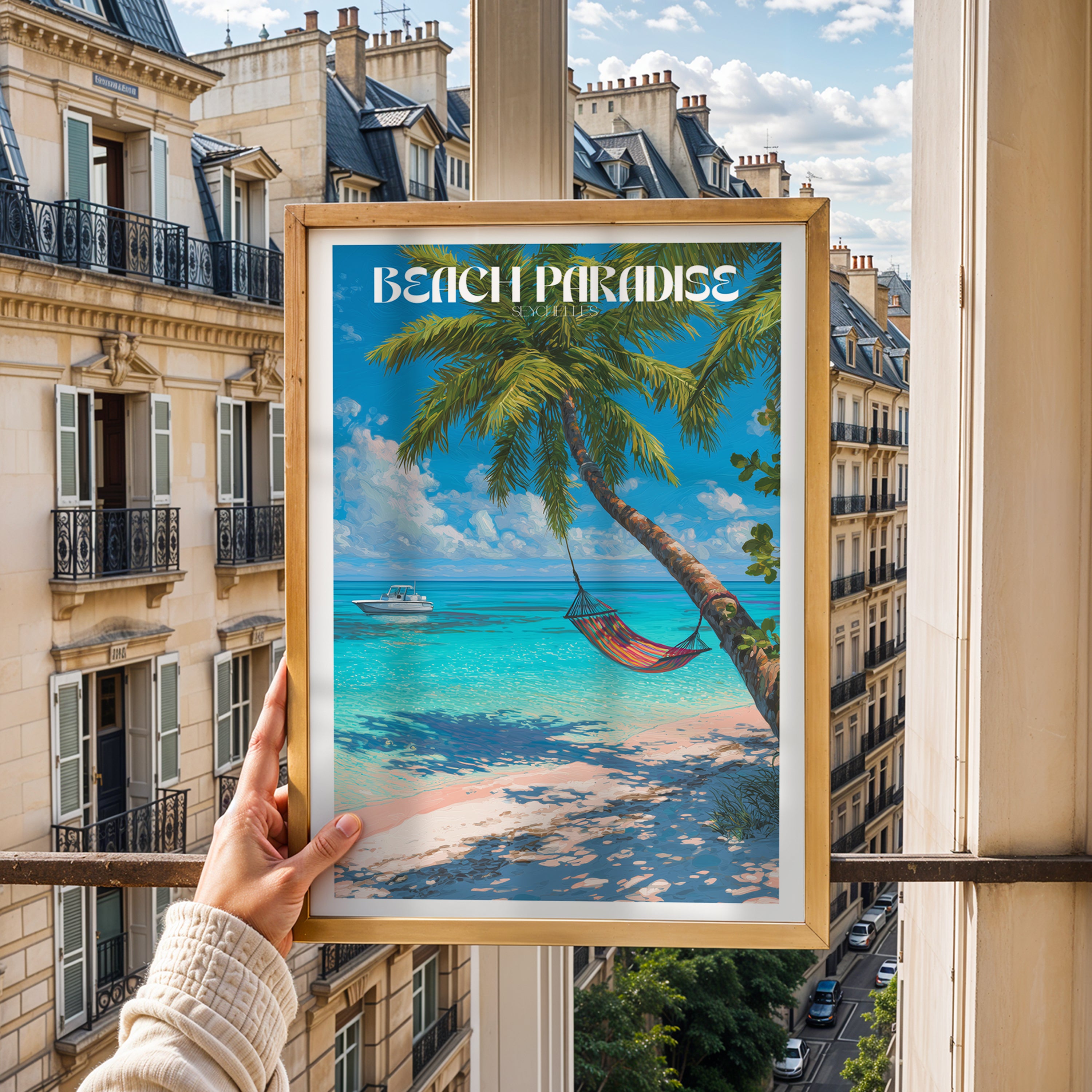 Tropical Island Poster – Seychelles Beach Wall Art Print, Coastal Paradise Travel Decor