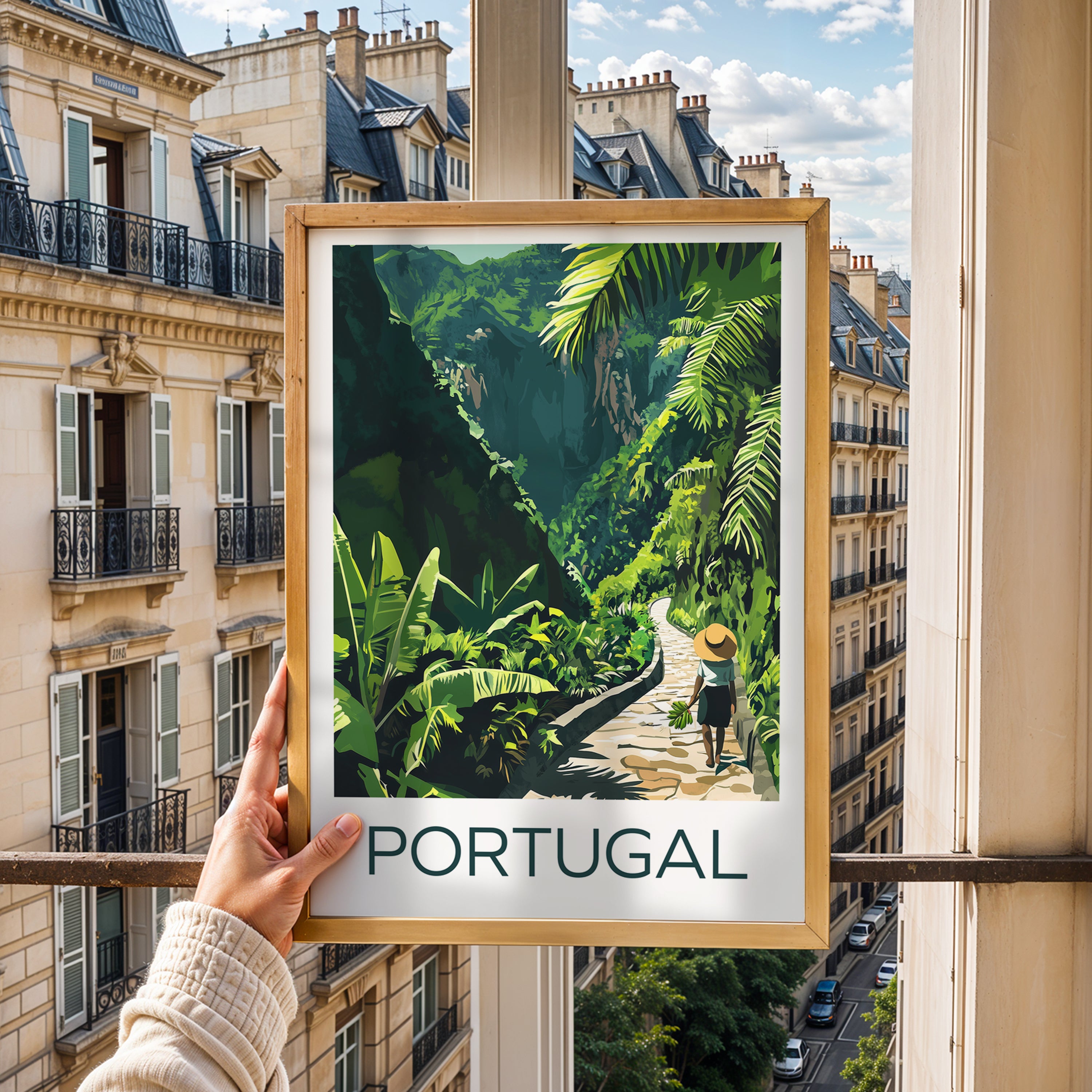 Madeira travel poster art featuring a lush green mountain landscape and a path through tropical foliage.