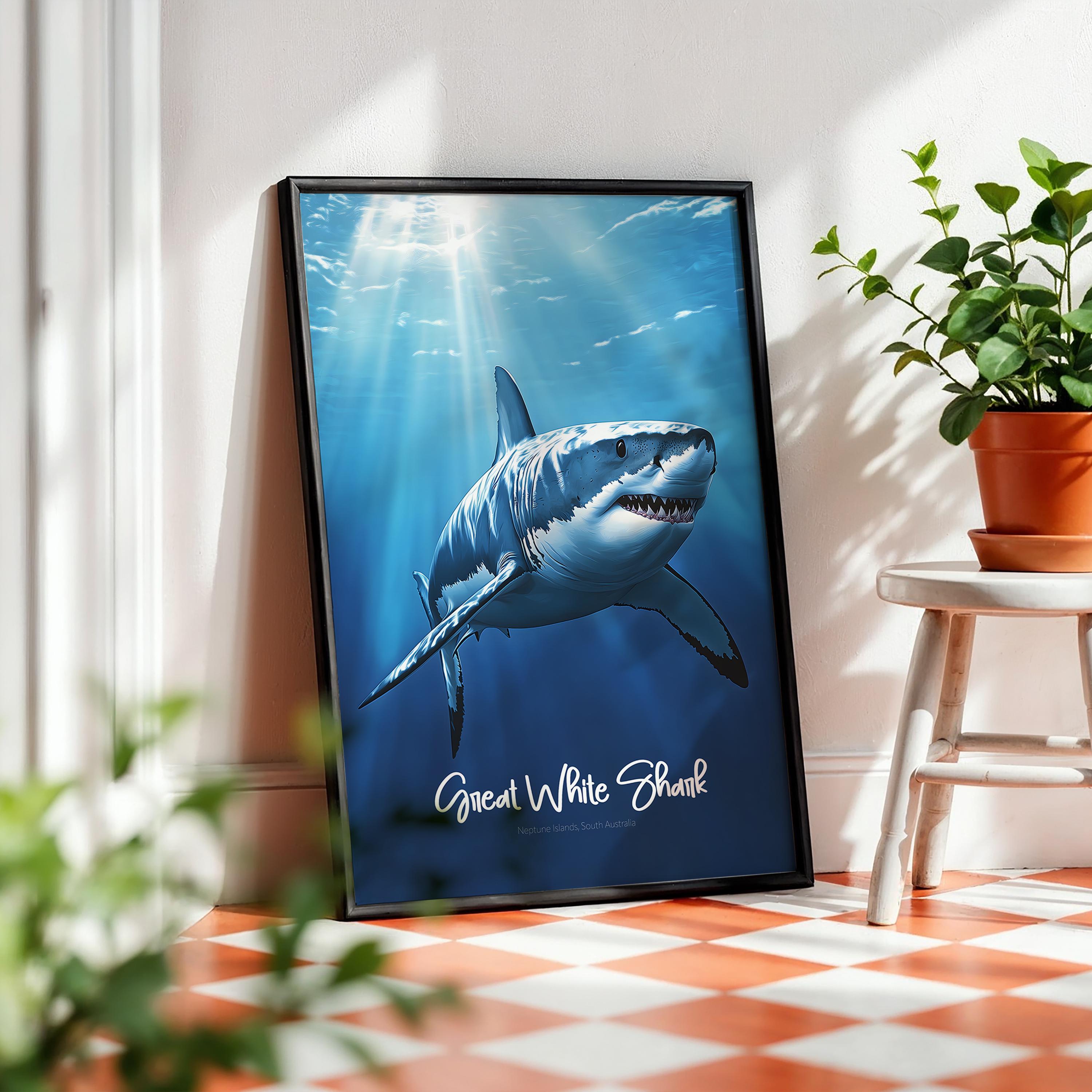 Great White Shark Framed Poster, Ocean Wall Art, Marine Life Print, Nautical Decor, Shark Lover Gift, Beach House Decoration