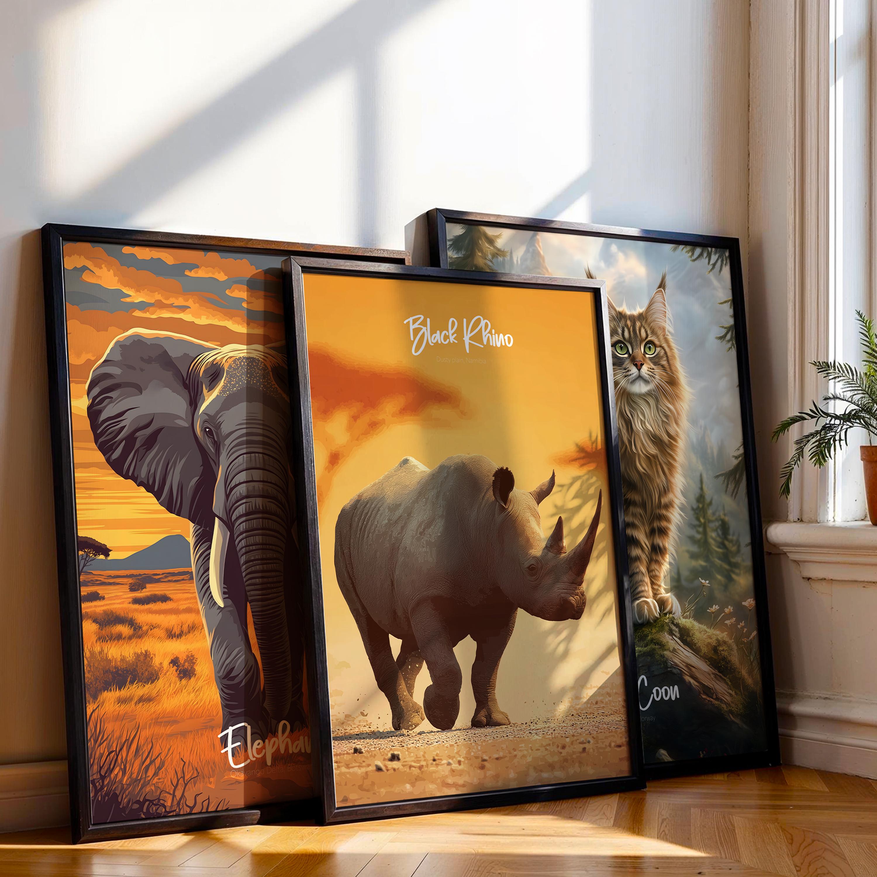 Black Rhino Wall Art Framed Poster – Safari Wildlife Decor for Kids Room or Nursery, Endangered Animal Print, Nature-Inspired Gift