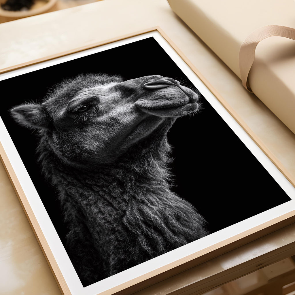 Black and White Camel Print: Desert Wildlife Poster, Monochrome Animal Decor