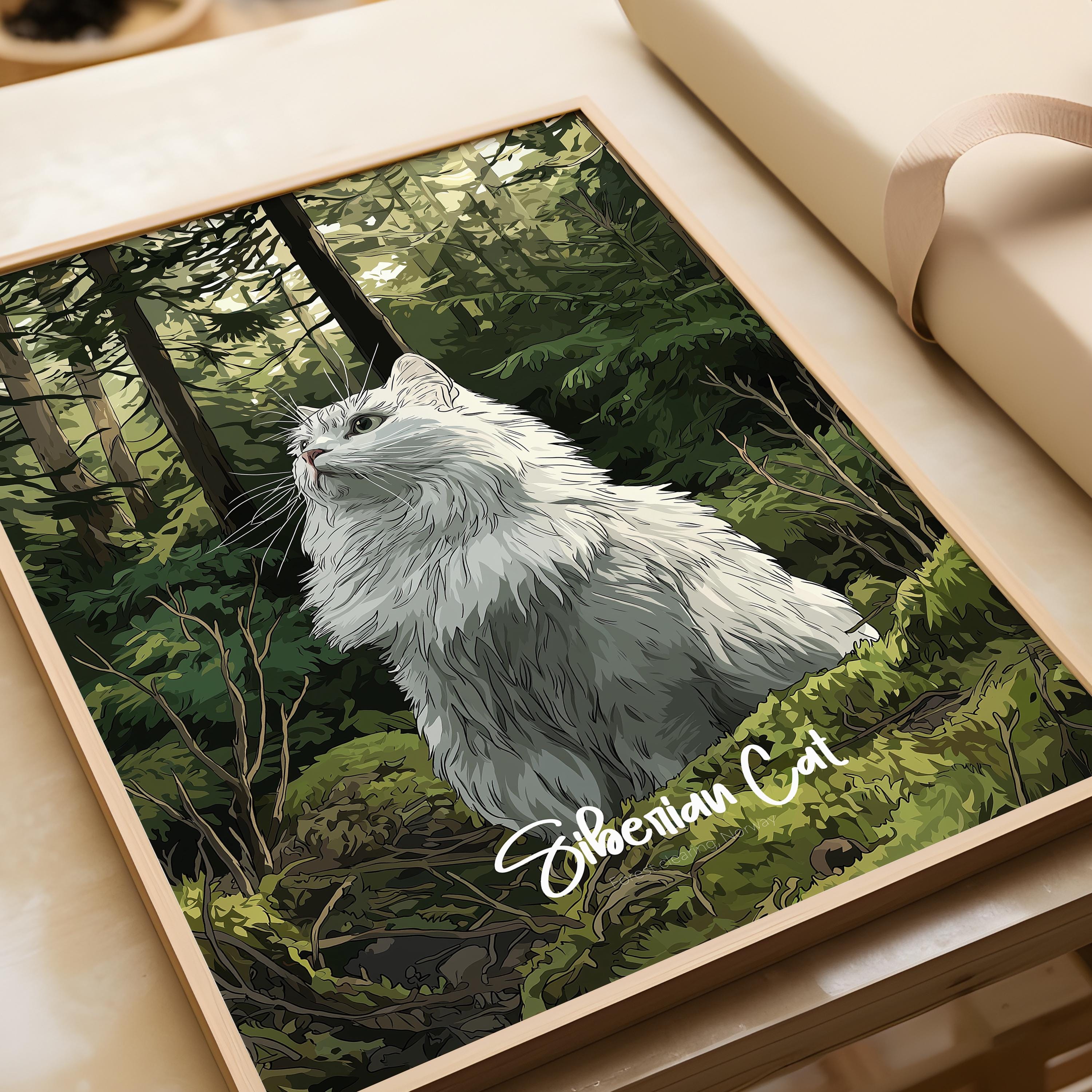 Siberian Cat Art Print: Fluffy Forest Cat Poster