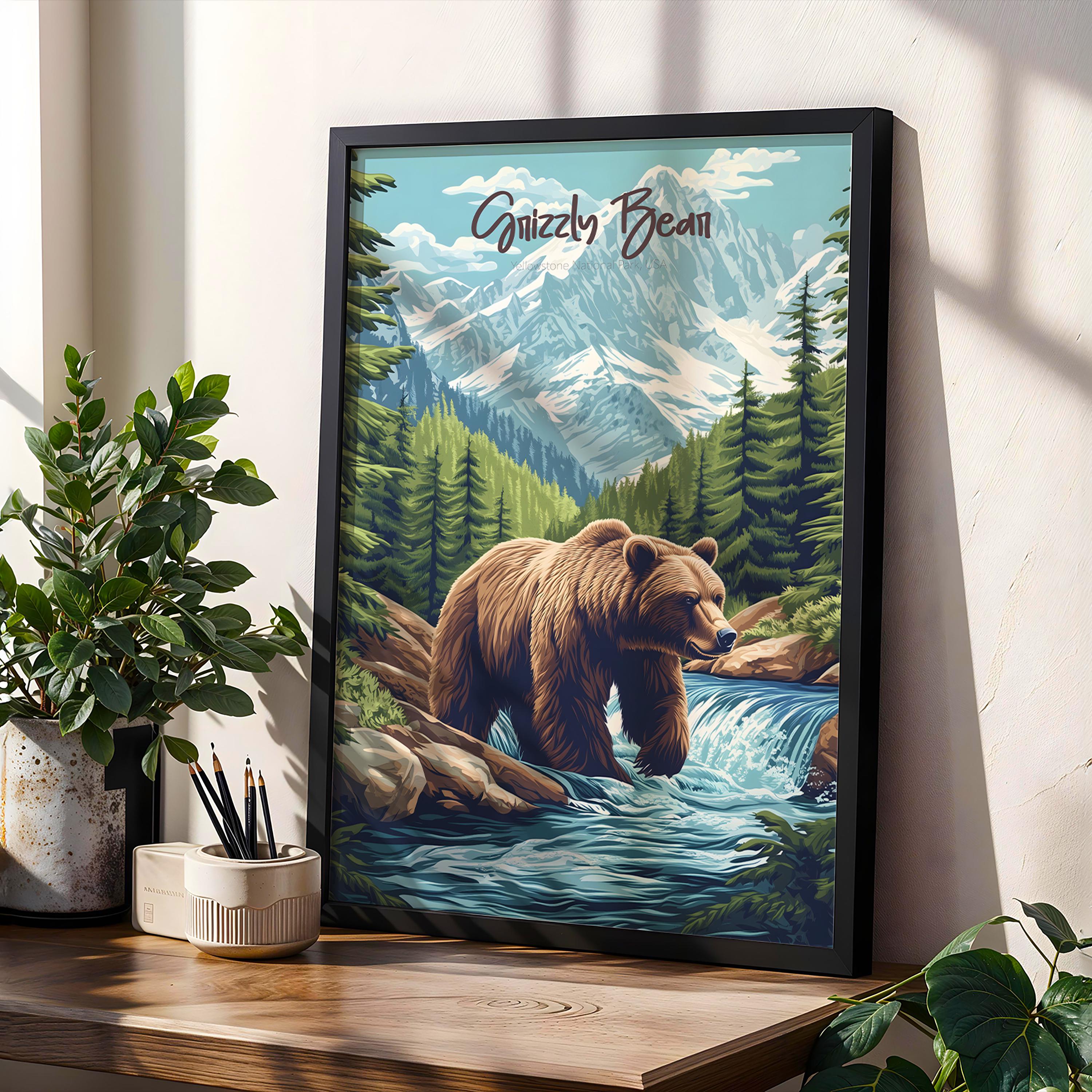 Grizzly Bear Art Print: Rustic Cabin Wall Decor, Wildlife Illustration