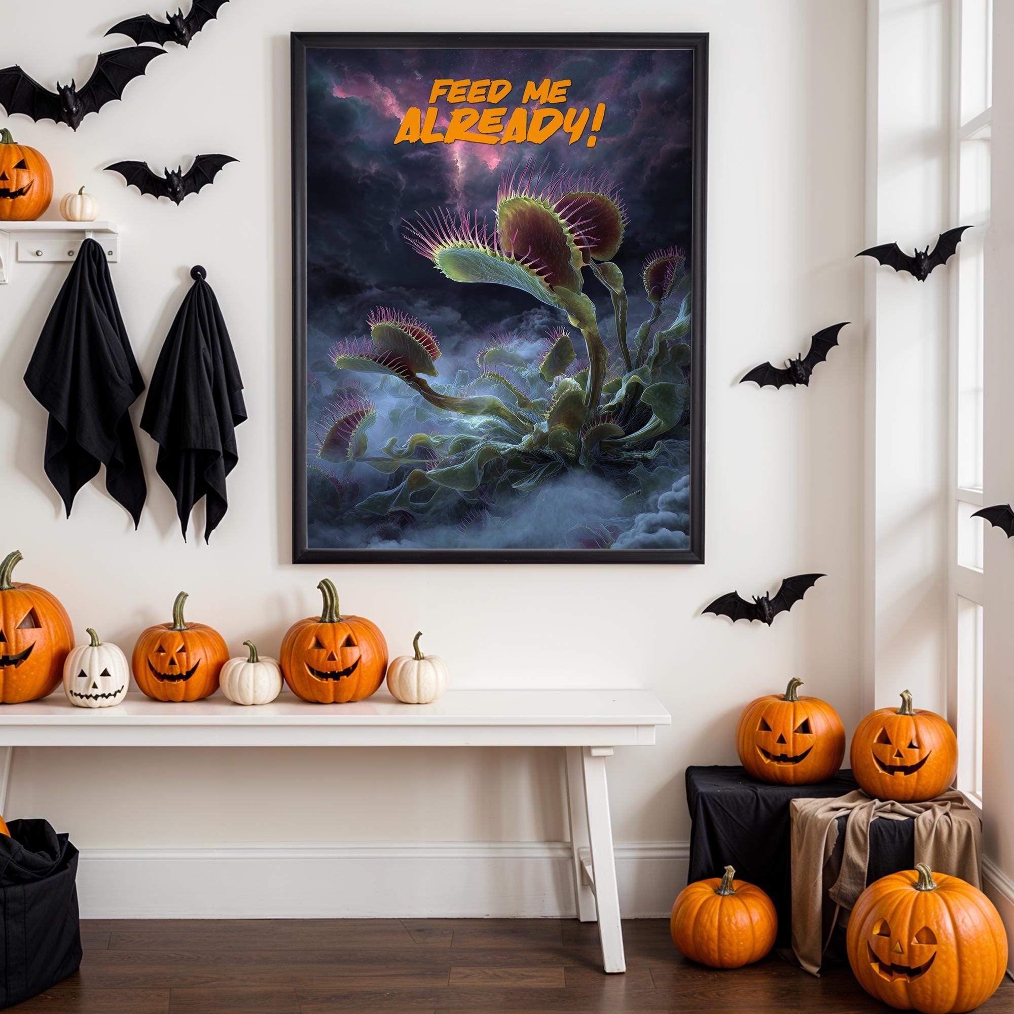 Carnivorous Halloween Poster – Venus Flytrap “Feed Me Already!” Spooky Wall Art