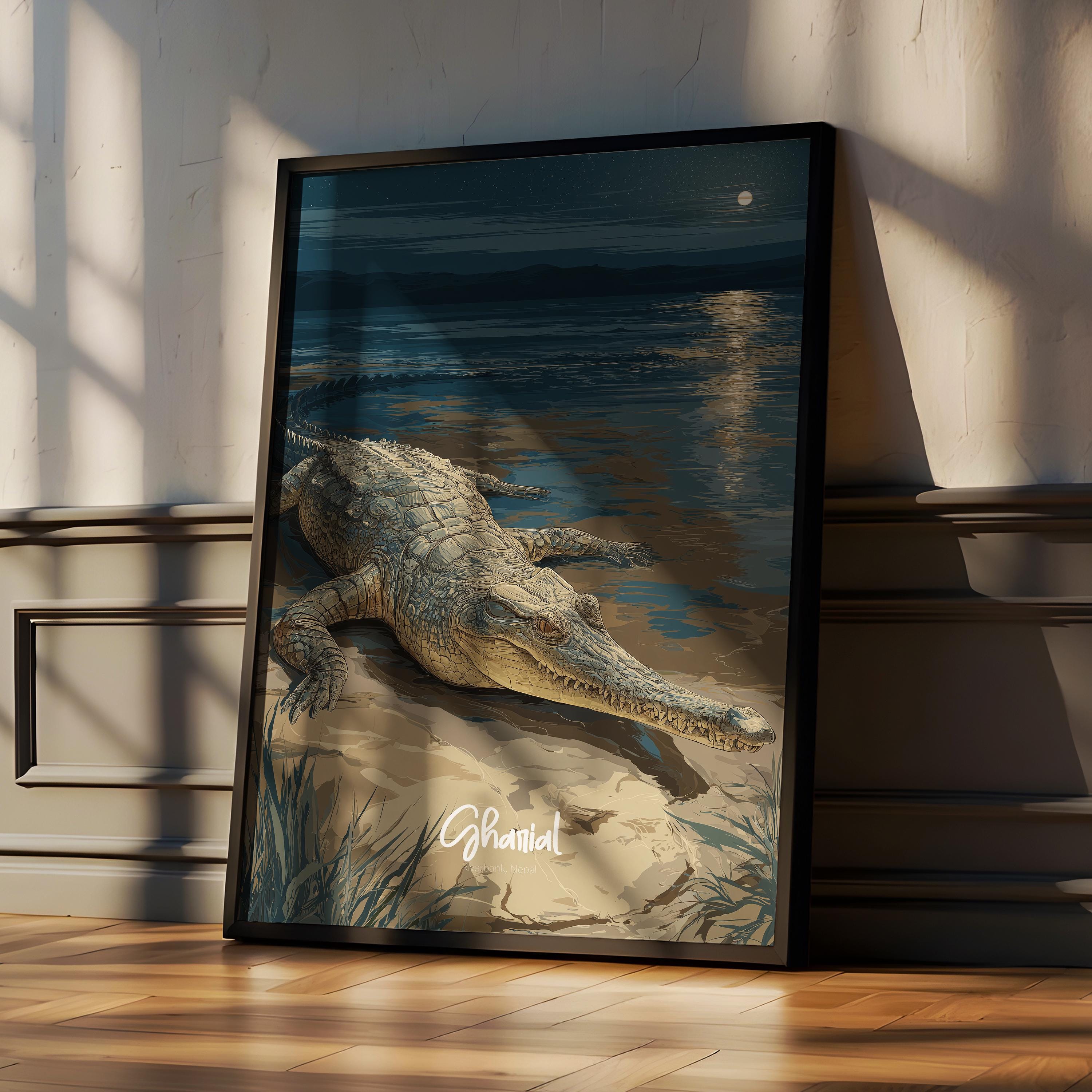 Gharial Framed Poster: Rare Reptile Wall Art for Kids Nursery