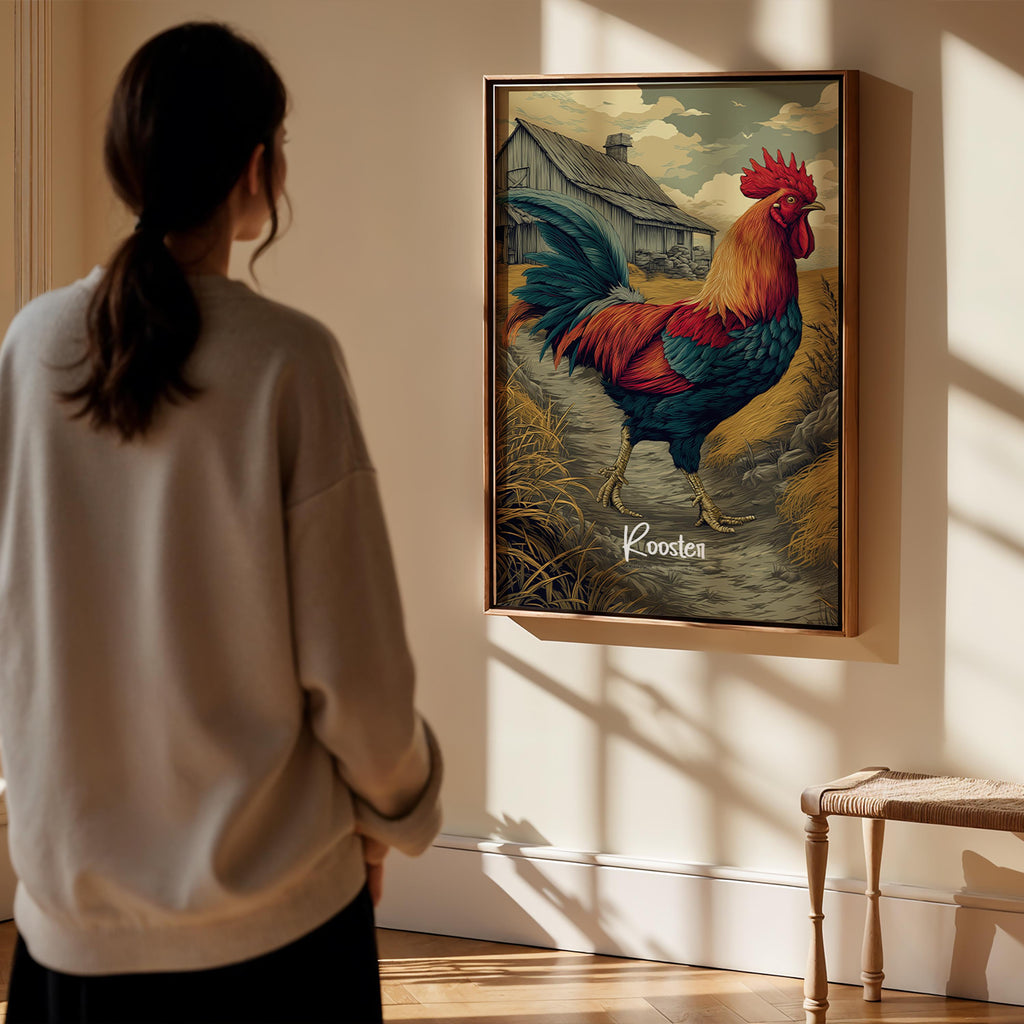 Rooster Framed Art Print: Rustic Farmhouse Animal Decor