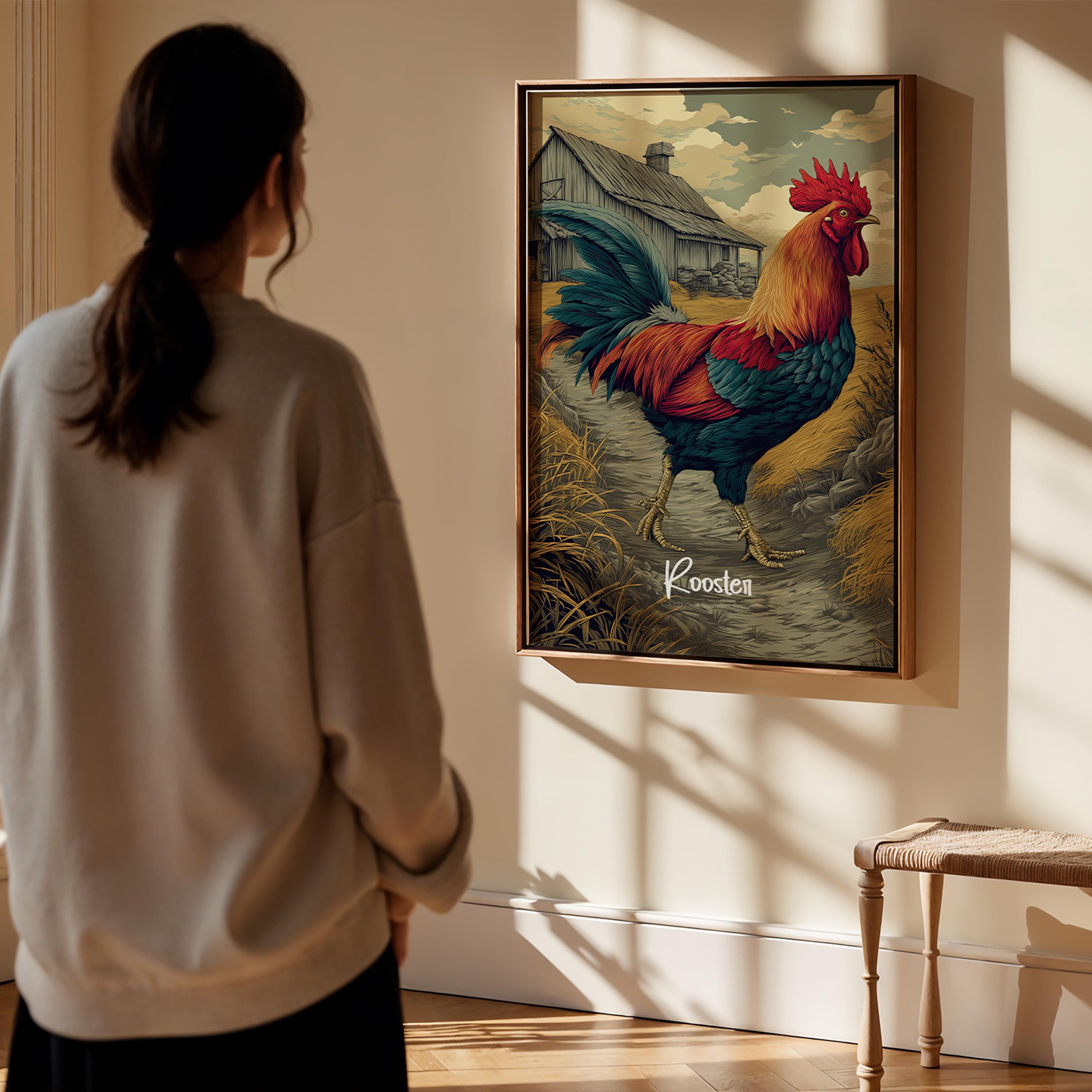 Rooster Framed Art Print: Rustic Farmhouse Animal Decor