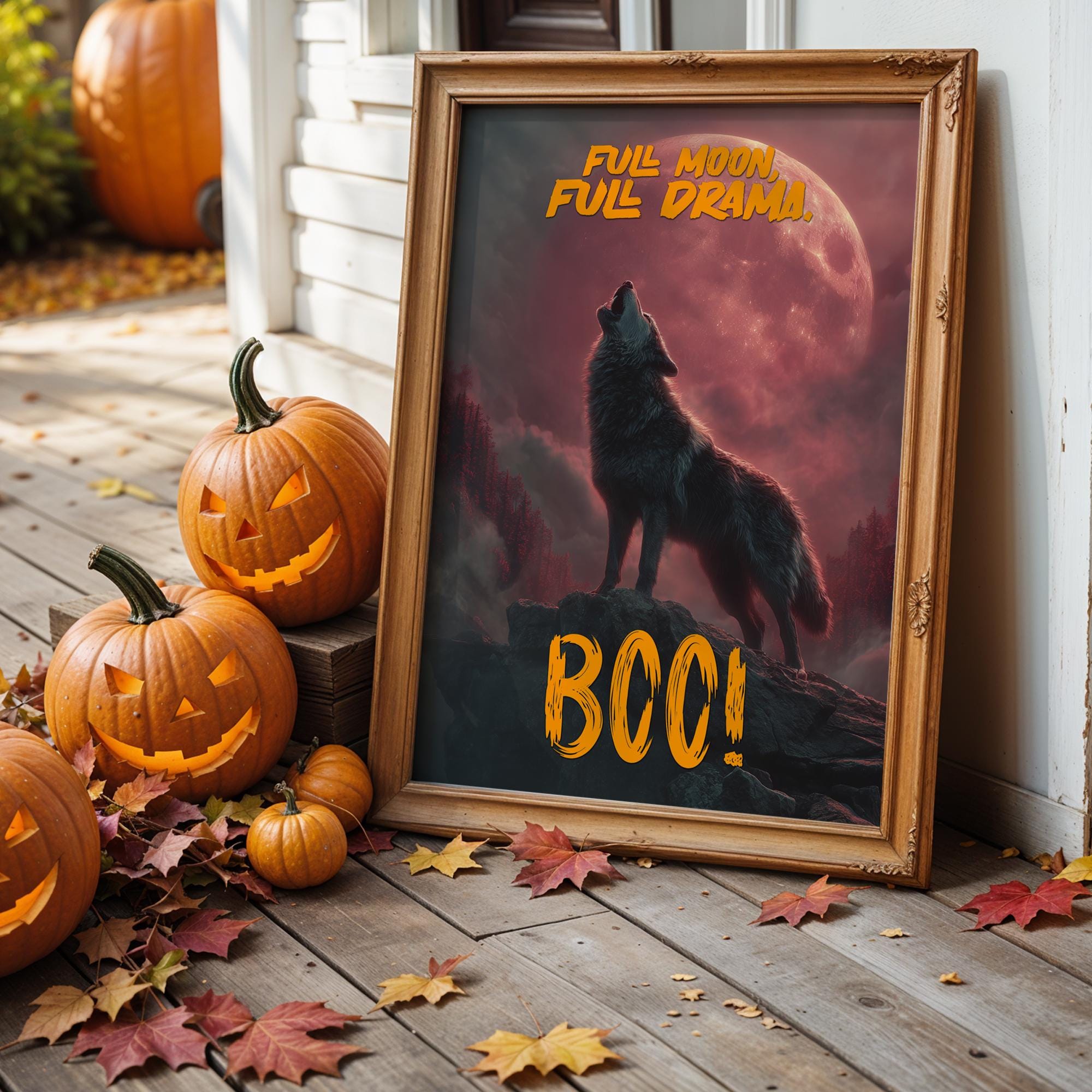 Howling Wolf Halloween Poster – Dramatic Full Moon BOO Wall Art for Spooky Season