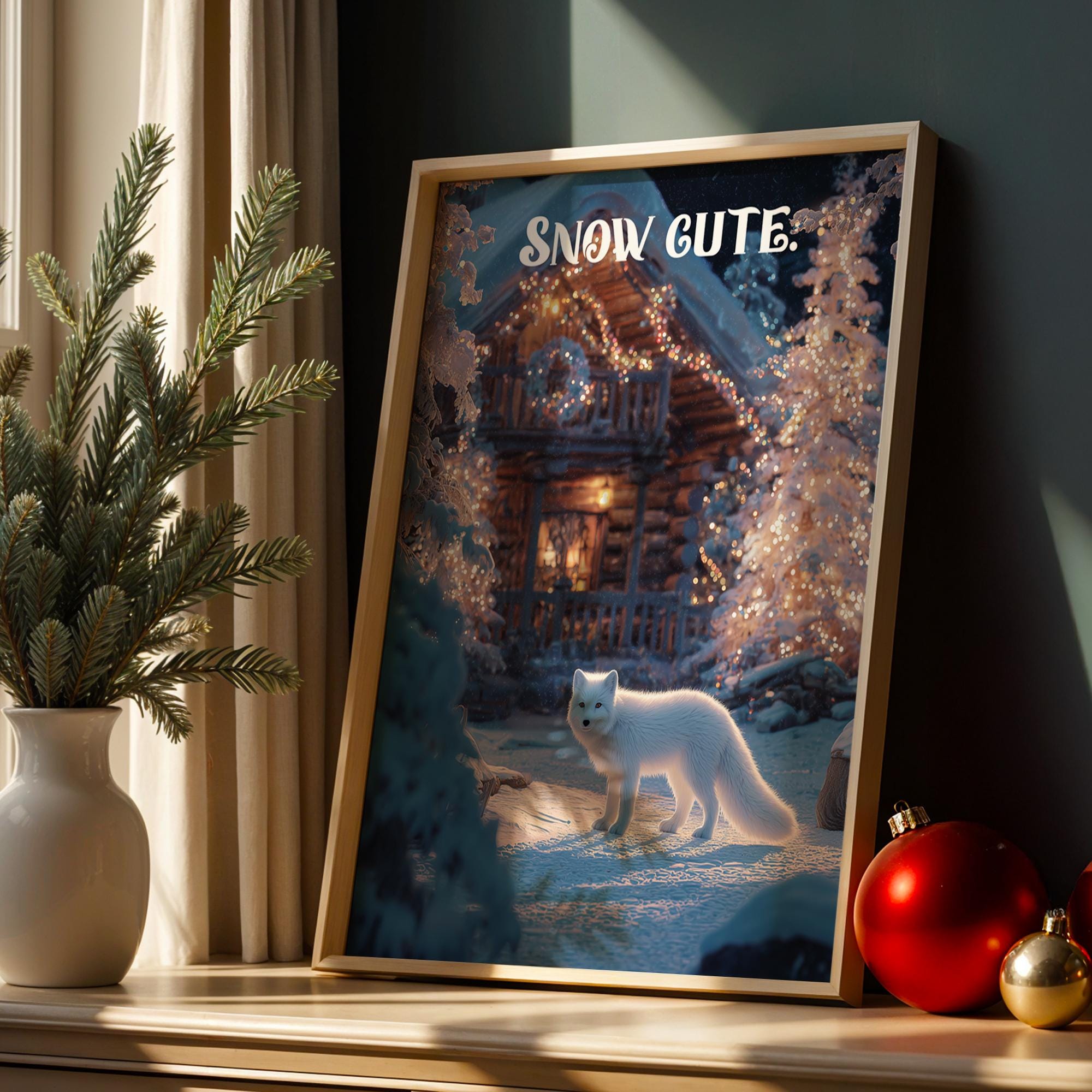 Arctic Fox Christmas Poster – Snowy Cabin Winter Wall Art
