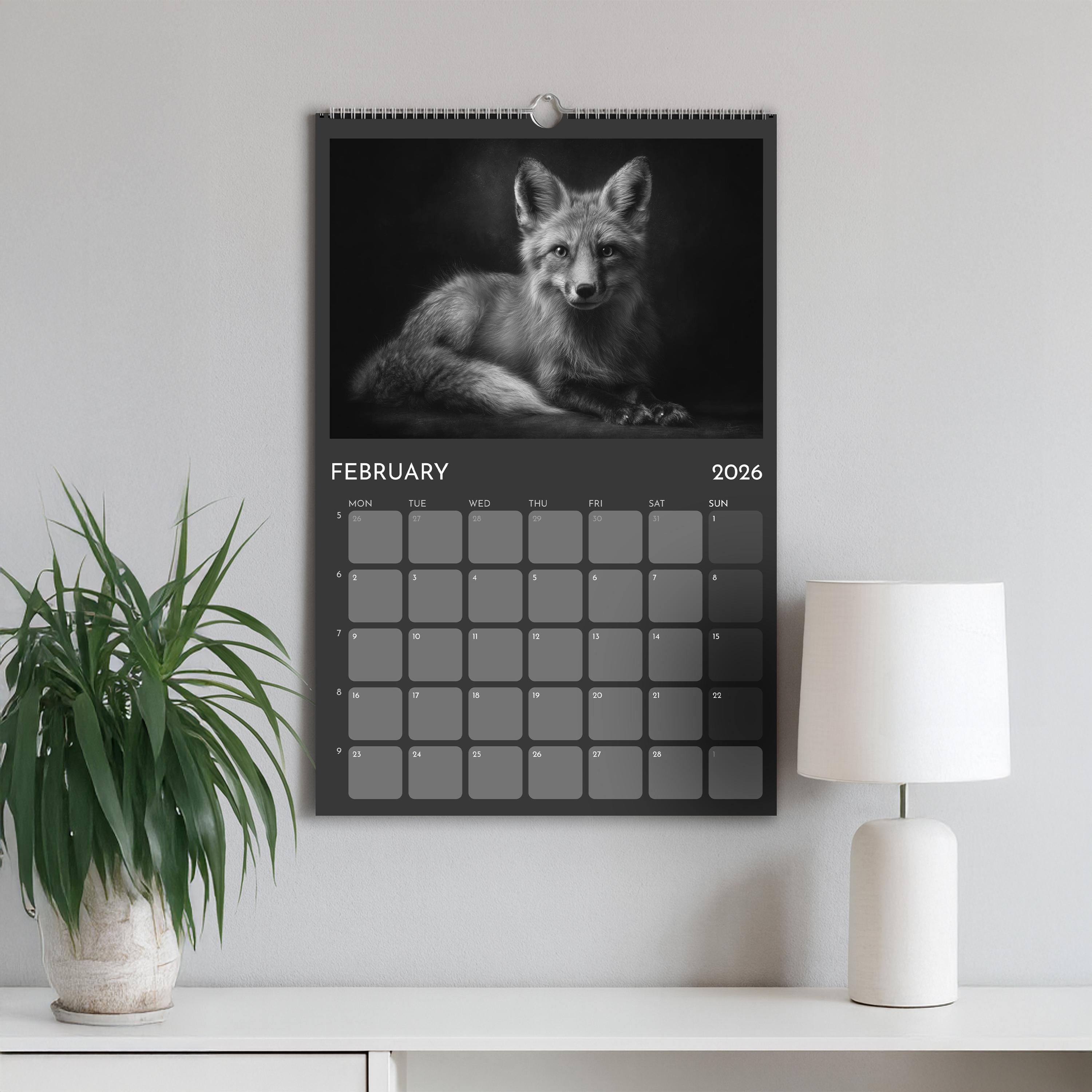 2026 Wildlife Calendar A3: Black & White Animal Photography Wall Planner