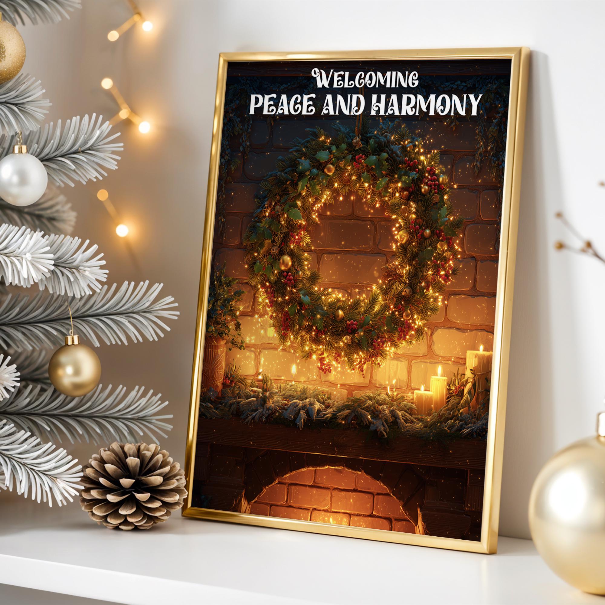 Christmas Wreath Fireplace Poster – Warm Holiday Wall Art with Peace & Harmony Message