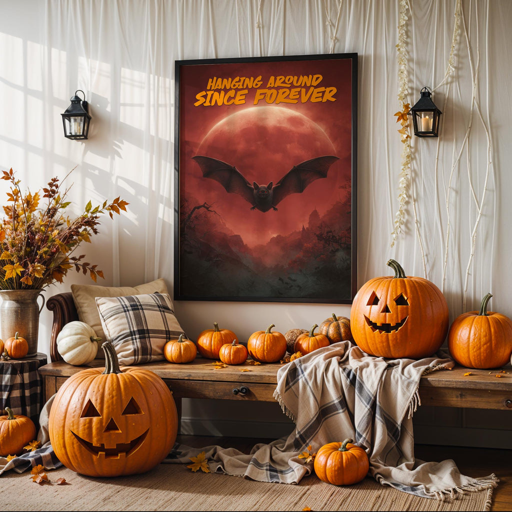 Halloween Bat Poster – Funny Gothic Wall Art with Red Moon and Vampire Vibes
