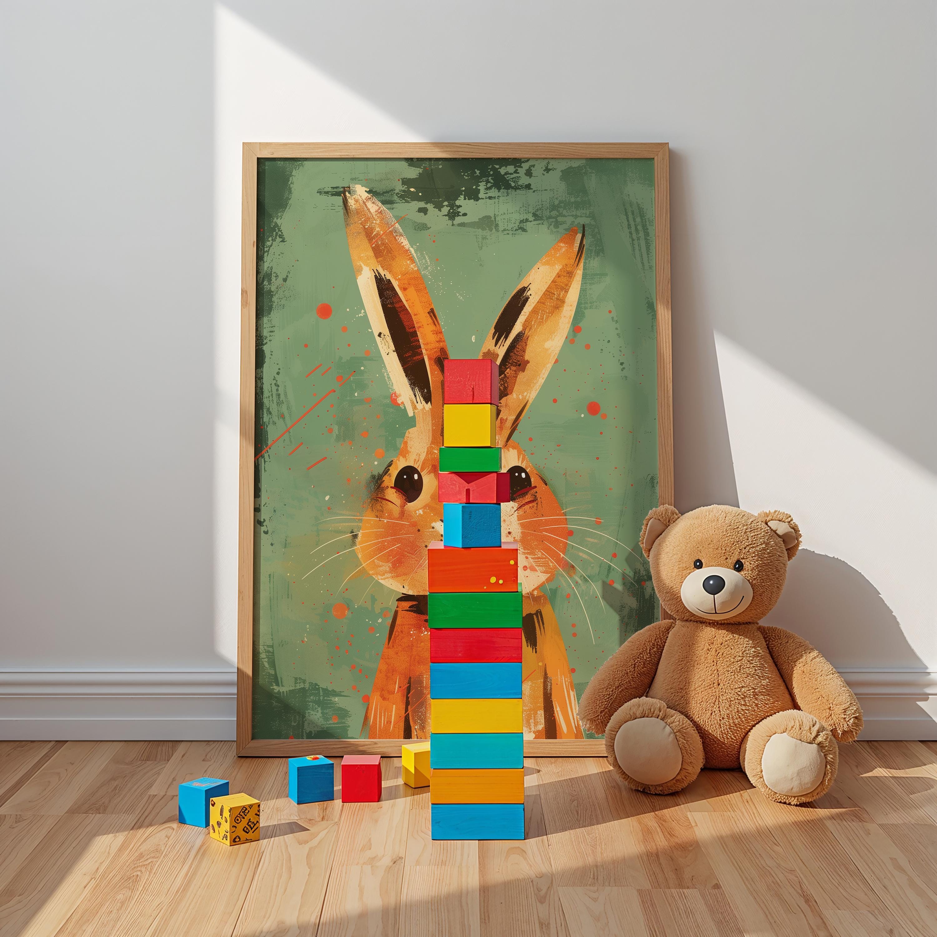 Rabbit Nursery Wall Art – Woodland Animal Print for Kids